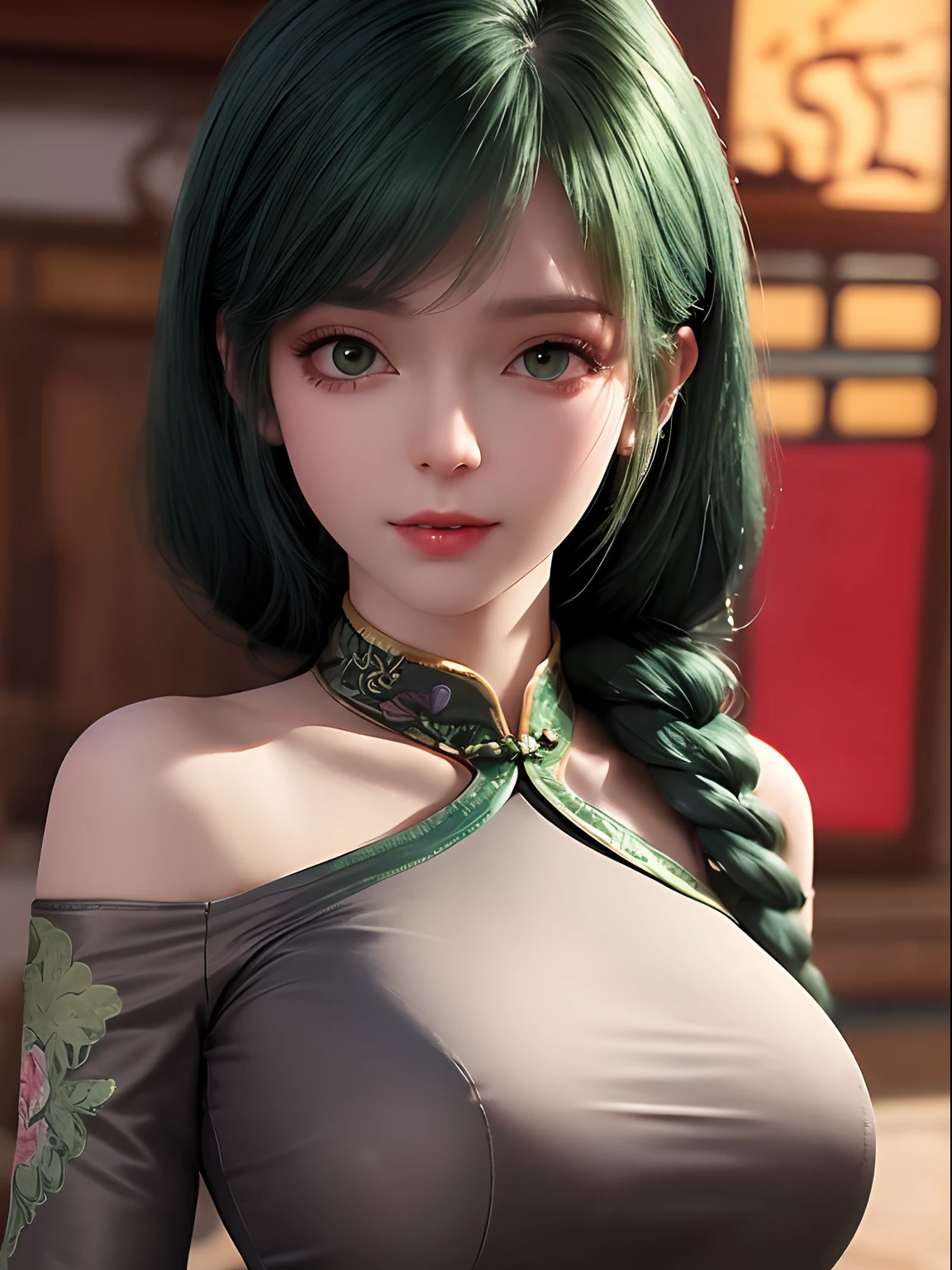 best quality, masterpiece, ultra high res, (photorealistic:1.4), 1girl, off-shoulder shirt, ((traditional chinese dress:1)), black choker, (faded ash gray hair:1), (huge breasts:1.2), looking at viewer, closeup,, Green hair,