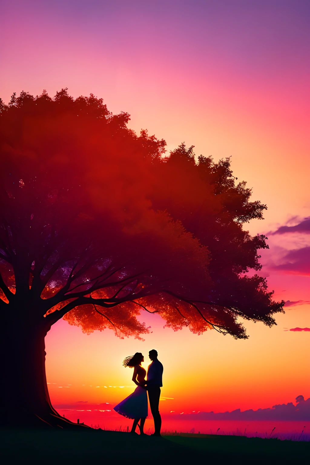 Create a silhouette image of Nia and Kofi beneath the tree, with vibrant colors bleeding into the sky behind them. The style should be slightly dreamlike, emphasizing the romanticism of the moment.