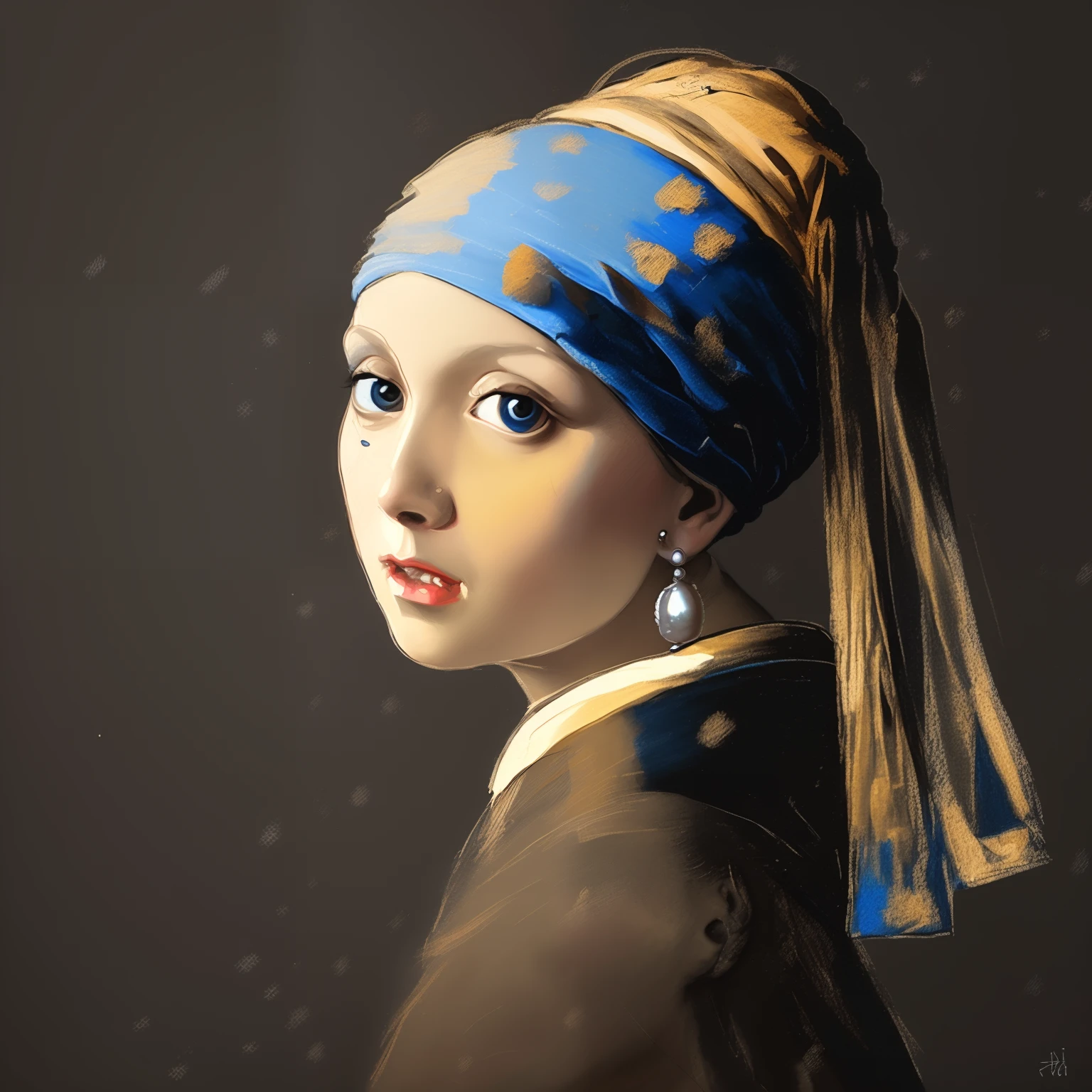 a close up of a drawing of a woman with a pearl earring , an ai generated image, ai enhanced digital art, ai art , digital 2d drawing