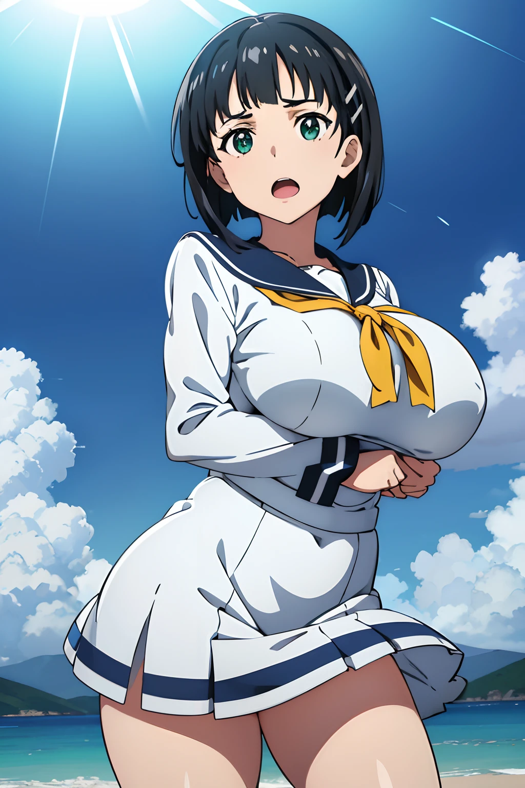 very huge tits,  white sailor uniform, , Naoha Kirigaya(sword art online), 1girl, bob hair, black hair, hairclip, ​masterpiece, green eyes, top-quality, A sexy、school、dynamic angle, view at camera, half body, open mouth,