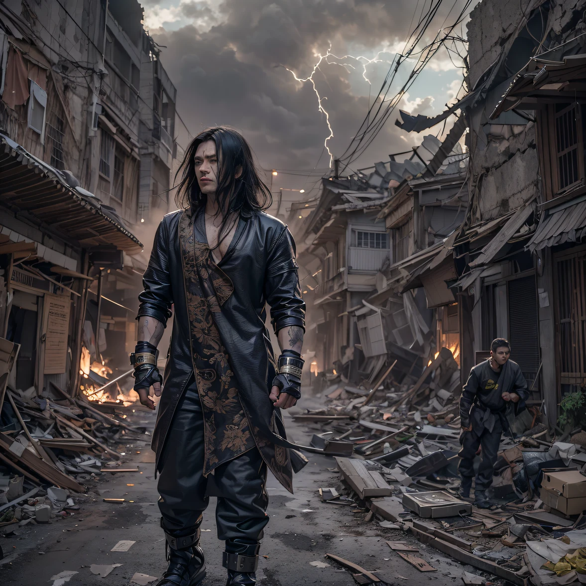 The wounded line the streets(Doomsday ruins)Climb the streets(Doomsday ruins)eyes filled with angry,He clenched his fists,Rush up,Deliver a fatal blow to your opponent,full bodyesbian,Full Body Male Mage 32K(tmasterpiece,hyper HD)Long flowing black hair,Campsite size,zydink, The wounded line the streets(Doomsday ruins)Climb the streets, The scene of the explosion(Doomsday ruins), (Linen batik scarf), Angry fighting stance, looking at the ground, Batik linen bandana, Chinese python pattern long-sleeved garment, (Abstract propylene splash:1.2), Dark clouds lightning background,Flour flies(realisticlying:1.4),Black color hair,Flour fluttering,Background fog, A high resolution, the detail, RAW photogr, Sharp Re, Nikon D850 Film Stock Photo by Jefferies Lee 4 Kodak Portra 400 Camera F1.6 shots, Rich colors, ultra-realistic vivid textures, Dramatic lighting, Unreal Engine Art Station Trend, cinestir 800,Flowing black hair,(((Male mage)))The wounded line the streets(Doomsday ruins)Climb the streets,