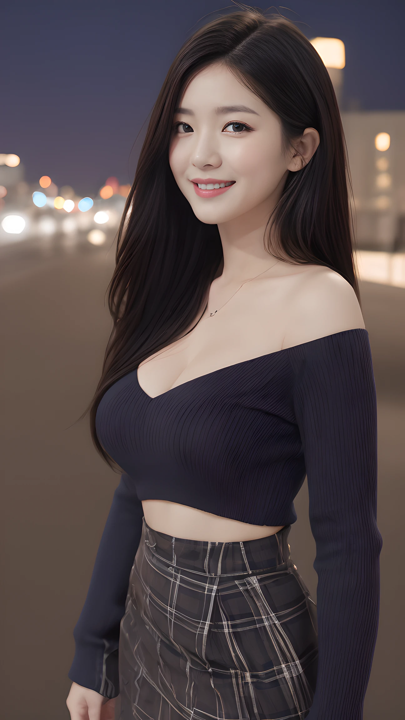 , long windblown [blue-black:.3] hair,looking at viewer, (masterpiece:1.3), (8k, photorealistic, RAW photo, best quality: 1.4), japanese, (1girl), beautiful face, (realistic face), (black hair, medium hair:1.3), beautiful hairstyle, realistic eyes, beautiful detailed eyes, (realistic skin), beautiful skin, attractive, ultra high res, ultra realistic, highly detailed, golden ratio, blue fluffy loose sweater and black plaid skirt, long sleeve one-shoulder sweater, standing, front view, open stance, model posing, upper body, sagging breasts, happy smile, night rooftop, city view, ultra detailed, hyper sharp, sharp focus, K-pop idol, J-pop idol,