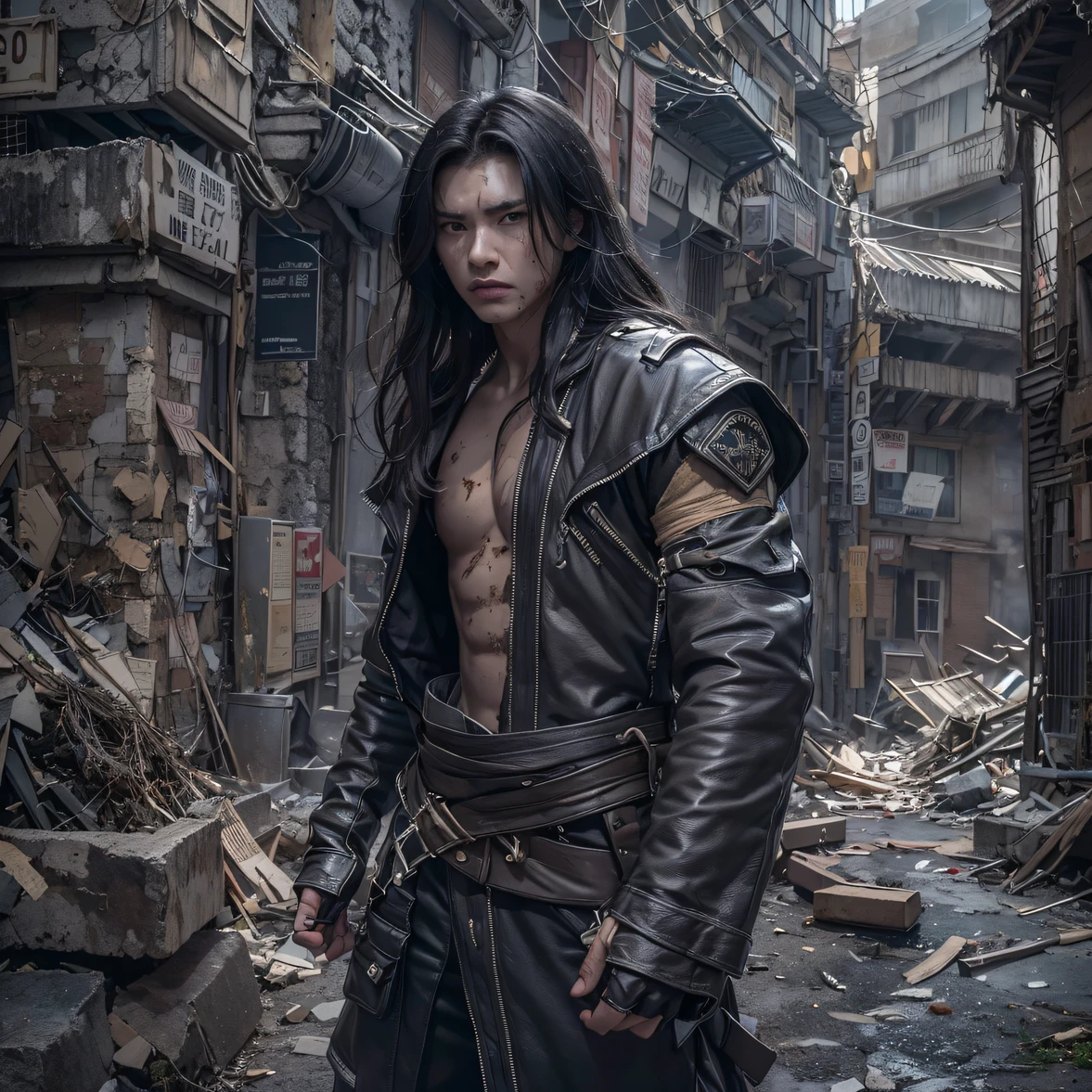 The wounded lined up in the streets(Doomsday ruins)Climb the streets(Doomsday ruins)eyes filled with angry,He clenched his fists,Rush up,Deliver a fatal blow to your opponent,full bodyesbian,Full Body Male Mage 32K(tmasterpiece,hyper HD)Long flowing black hair,Campsite size,zydink, The wounded lined up in the streets(Doomsday ruins)Climb the streets, The scene of the explosion(Doomsday ruins), (Linen batik scarf), Angry fighting stance, looking at the ground, Batik linen bandana, Chinese python pattern long-sleeved garment, (Abstract propylene splash:1.2), Dark clouds lightning background,Flour flies(realisticlying:1.4),Black color hair,Flour fluttering,Background fog, A high resolution, the detail, RAW photogr, Sharp Re, Nikon D850 Film Stock Photo by Jefferies Lee 4 Kodak Portra 400 Camera F1.6 shots, Rich colors, ultra-realistic vivid textures, Dramatic lighting, Unreal Engine Art Station Trend, cinestir 800,Flowing black hair,(((Male mage)))The wounded lined up in the streets(Doomsday ruins)Climb the streets,