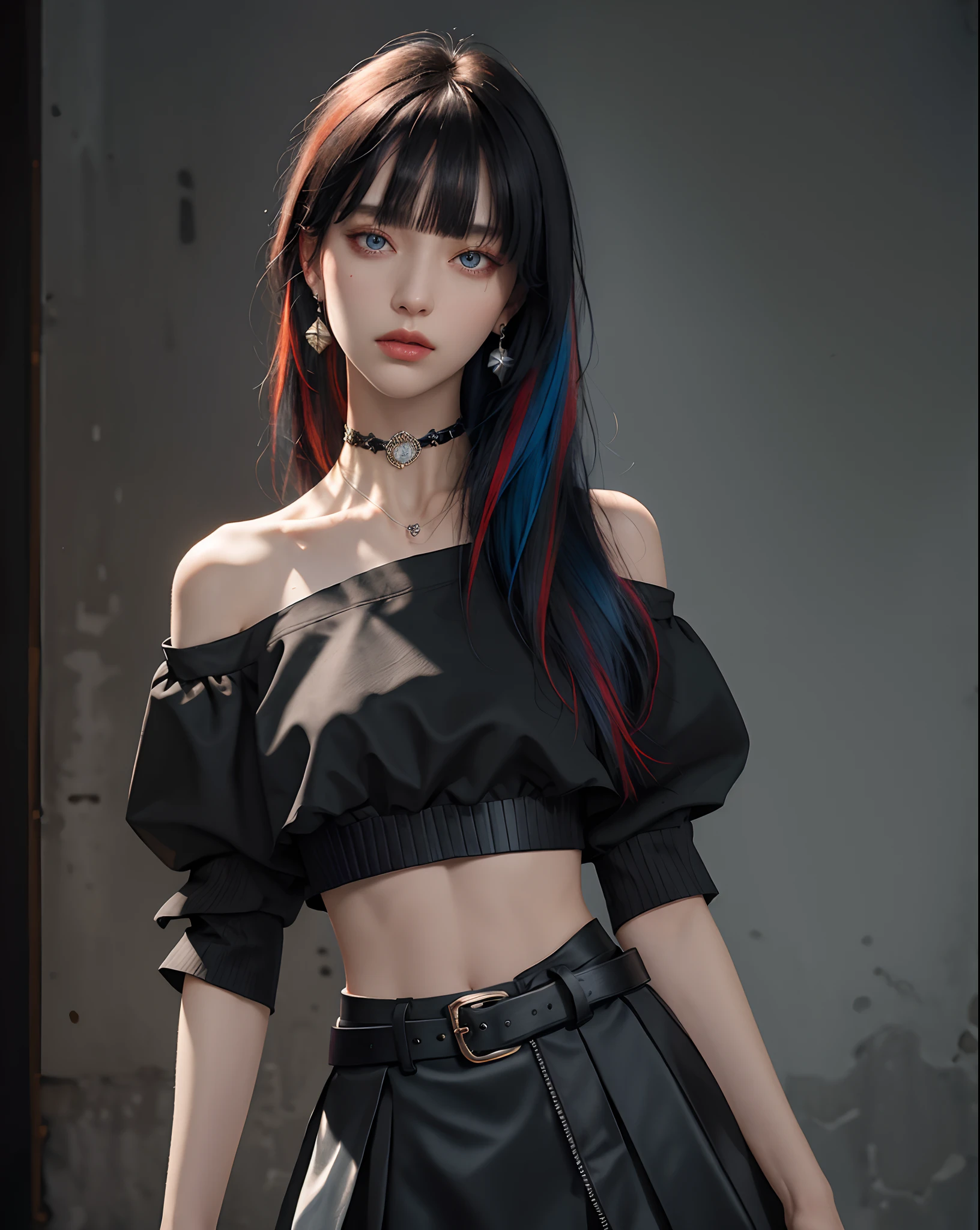 (masterpiece, best quality, 1girl, solo, intricate details, chromatic aberration), (realistic),(skin), ((breath)),(black hair,blunt bangs),detailed hair, red head ornament, blue highlights, hair over one eye,black eyes, small earrings, sharp eyes, choker,((black crop top )),(black skirt),(belt),open waist,(symmetry eyes),(perfect symmetrical body), night,(((natural light))),backlighting,against grey  wall, dim lighting ,look at viewer,((centered shot, from front,(face and waist)))