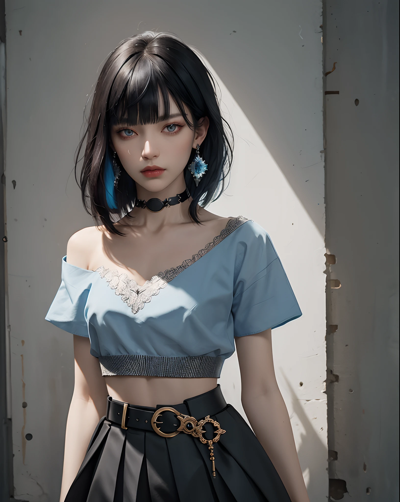 (masterpiece, best quality, 1girl, solo, intricate details, chromatic aberration), (realistic),(skin), ((breath)),(black hair,blunt bangs),detailed hair, red head ornament, blue highlights, hair over one eye,black eyes, small earrings, sharp eyes, choker,((black crop top )),(black skirt),(belt),open waist,(symmetry eyes),(perfect symmetrical body), night,(((natural light))),backlighting,against grey wall, dim lighting ,look at viewer,((centered shot, from front,(face and waist)))