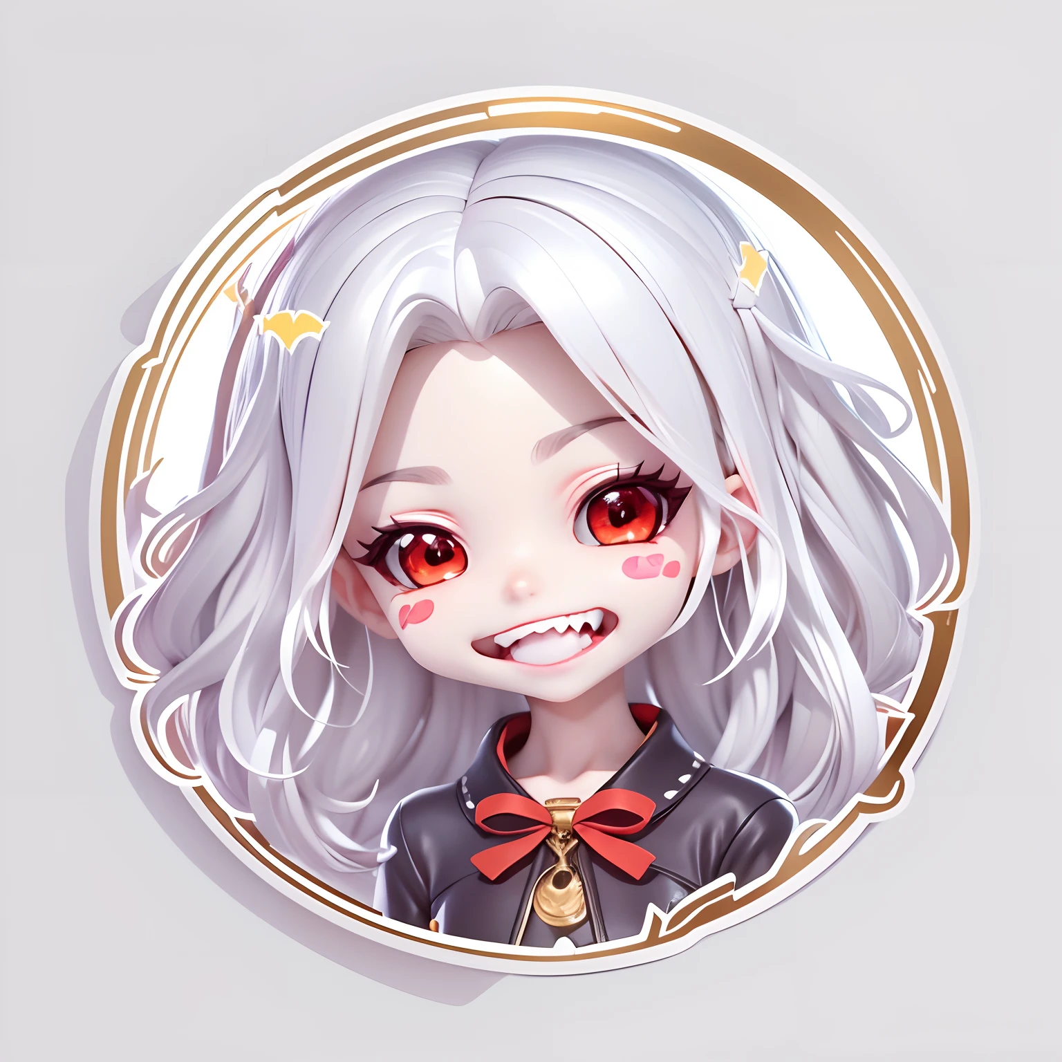 (Sticker),White background,(in circle), (3D anime vampires), long layered silvery white hair,Red eyes,Teeth are exposed,joyful expressions,cute clothing.Gold border,Simple, Ultra detailed, Detailed drawing, vectorised, Silhouette, 8K, professional sticker design, Flat design, Vector lines, Sticker, Drawing, Drawing, Full-HD