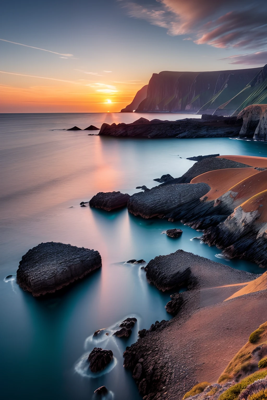 Faroae islands, Coastal sunset landscape, photography of Faroae islands, inspired by the style of Ken Duncan well known as the pioneer of landscape, in making use of dodging and burning to edit a landscape image.