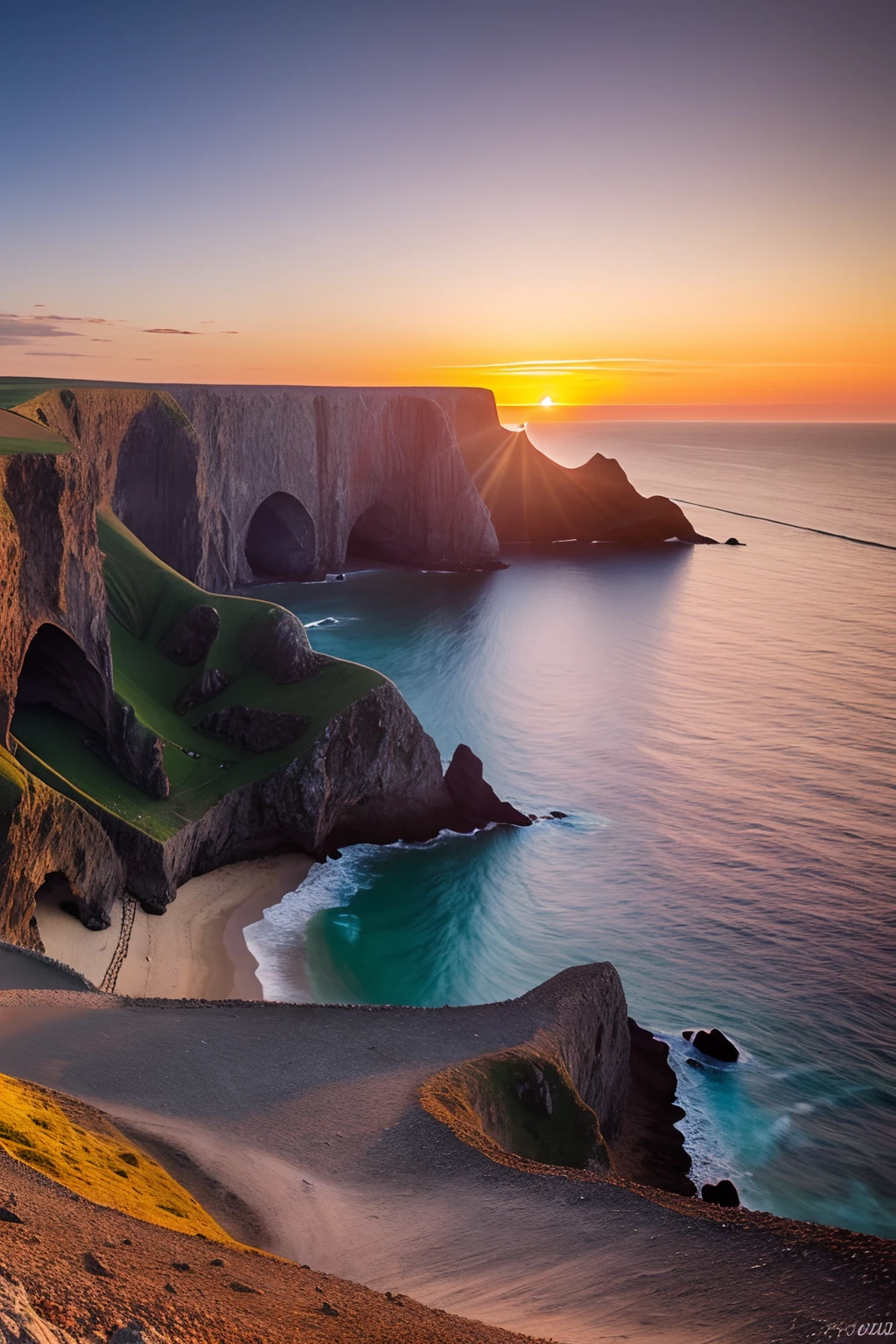 Faroae islands, Coastal sunset landscape,  photography of Faroae islands, inspired by the style of Ken Duncan well known as the pioneer of landscape, in making use of dodging and burning to edit a landscape image.