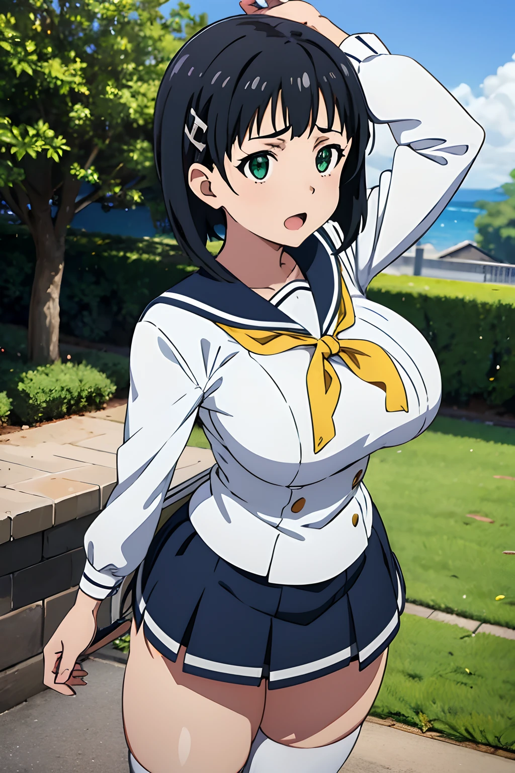 very huge tits,  white sailor uniform, , Naoha Kirigaya(sword art online), 1girl, bob hair, black hair, hairclip, ​masterpiece, green eyes, top-quality, A sexy、school、dynamic angle, view at camera, half body, open mouth,