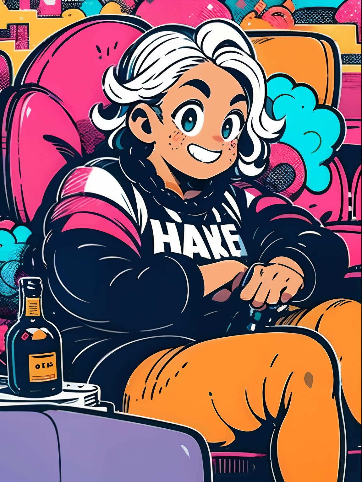 Knolling layout,(Chubby Girls)(drunk:1.5)(Lying on the couch:1.5), (Squint:1.3)(Holding a wine bottle in his arms:1.3),(Freckles and gray hair:1.3),(Lots of shampoo in the background,Cool skincare,lipsticks,chai。),Disney cartoons, high resolution