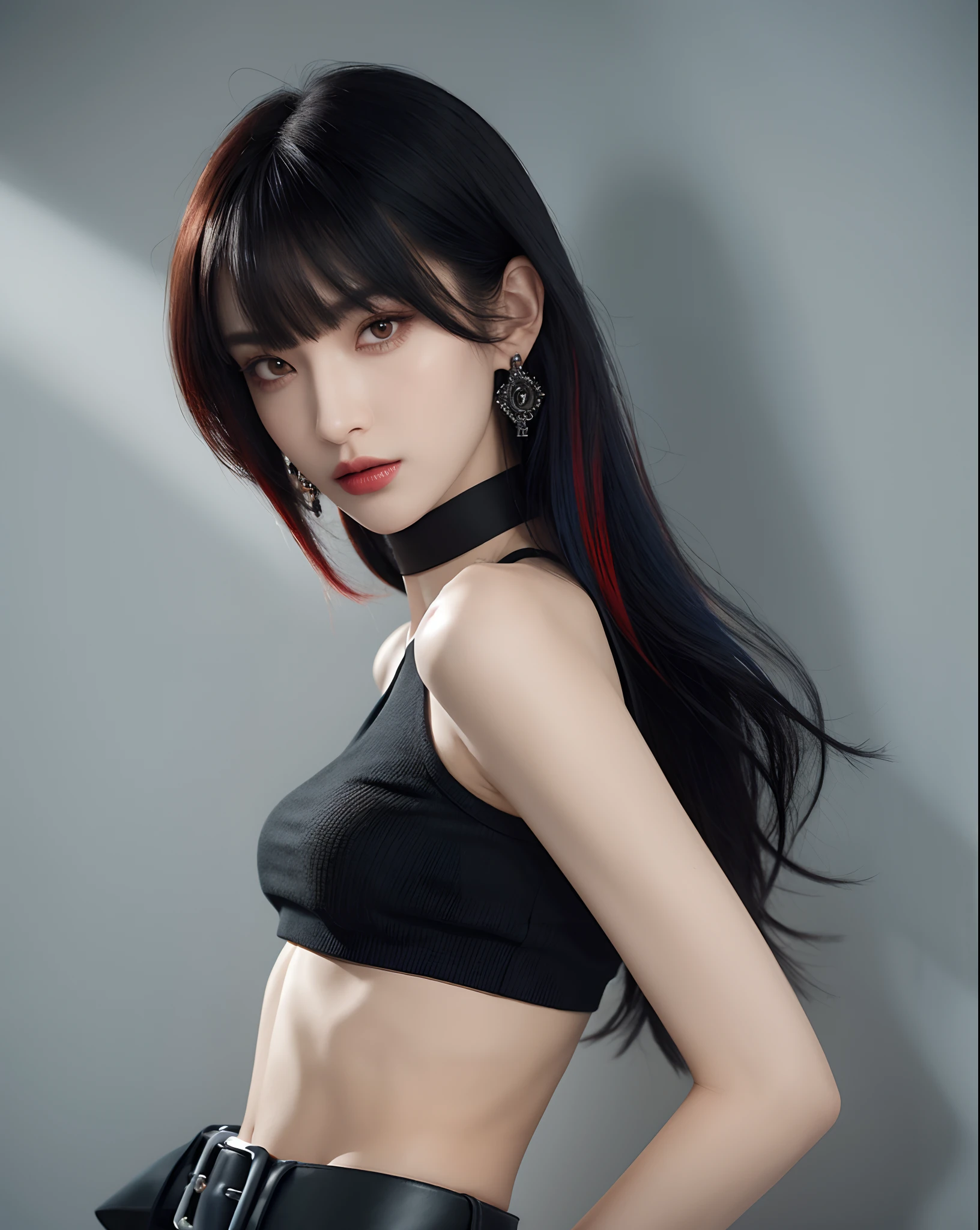 (masterpiece, best quality, 1girl, solo, intricate details, chromatic aberration), (realistic),(skin), ((breath)),(black hair,blunt bangs),detailed hair, red head ornament, blue highlights, hair over one eye,black eyes, small earrings, sharp eyes, choker,((black crop top )),(black skirt),(belt),open waist,(symmetry eyes),(perfect symmetrical body), night,(((natural light))),backlighting,against grey wall, dim lighting ,look at viewer,((centered shot, from front,(face and waist)))