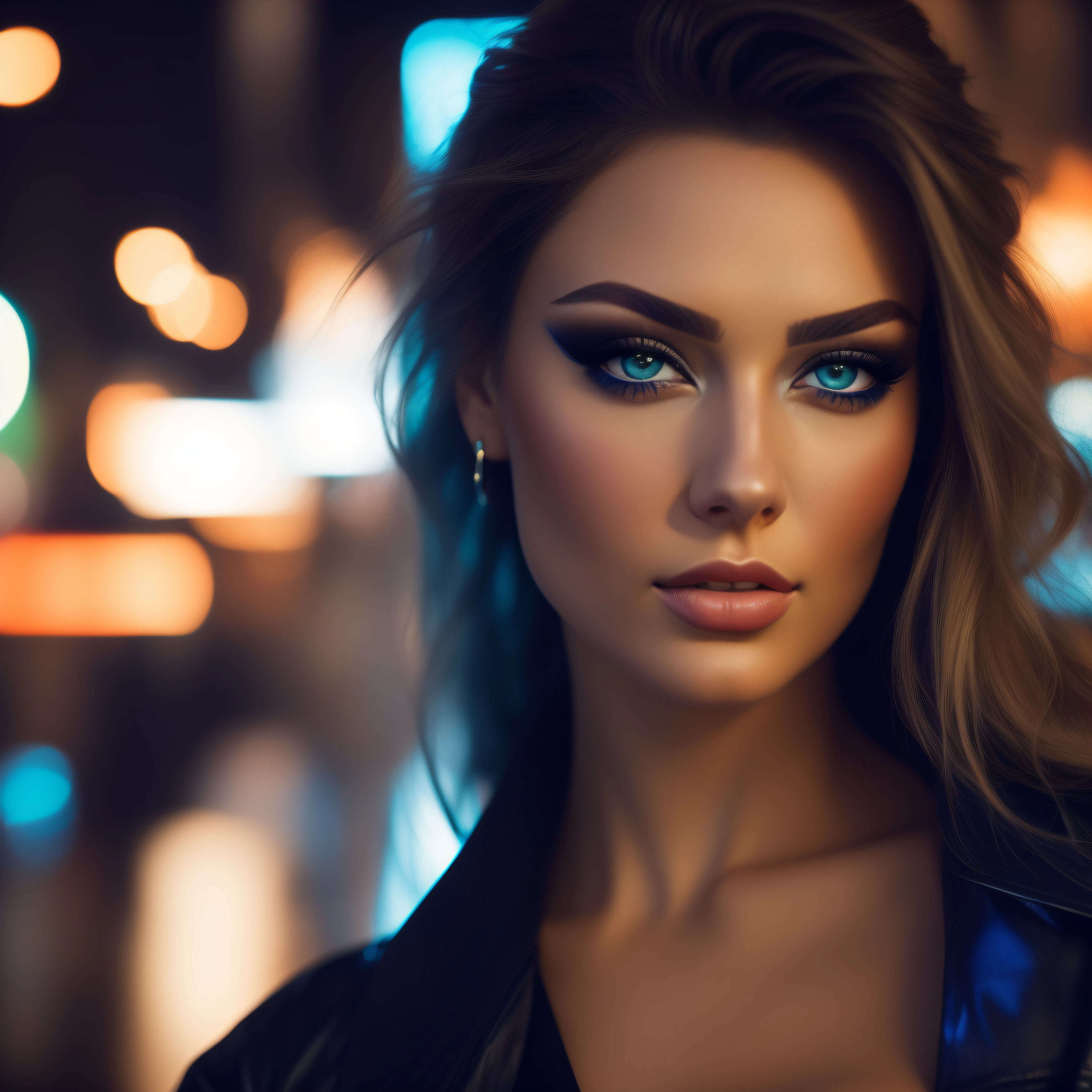 Woman with blue eyes and black jacket posing for a photo, sexy Gesicht mit vollem Make-up, photo of a beautiful woman, gorgeous woman, gorgeous beautiful woman, 8k artgerm bokeh, soft portrait shot 8 k, breathtaking beauty, sexy Gesicht, portrait of a beautiful model, attraktive Frau, Sexy girl with green eyes, beautiful, attraktives Gesicht