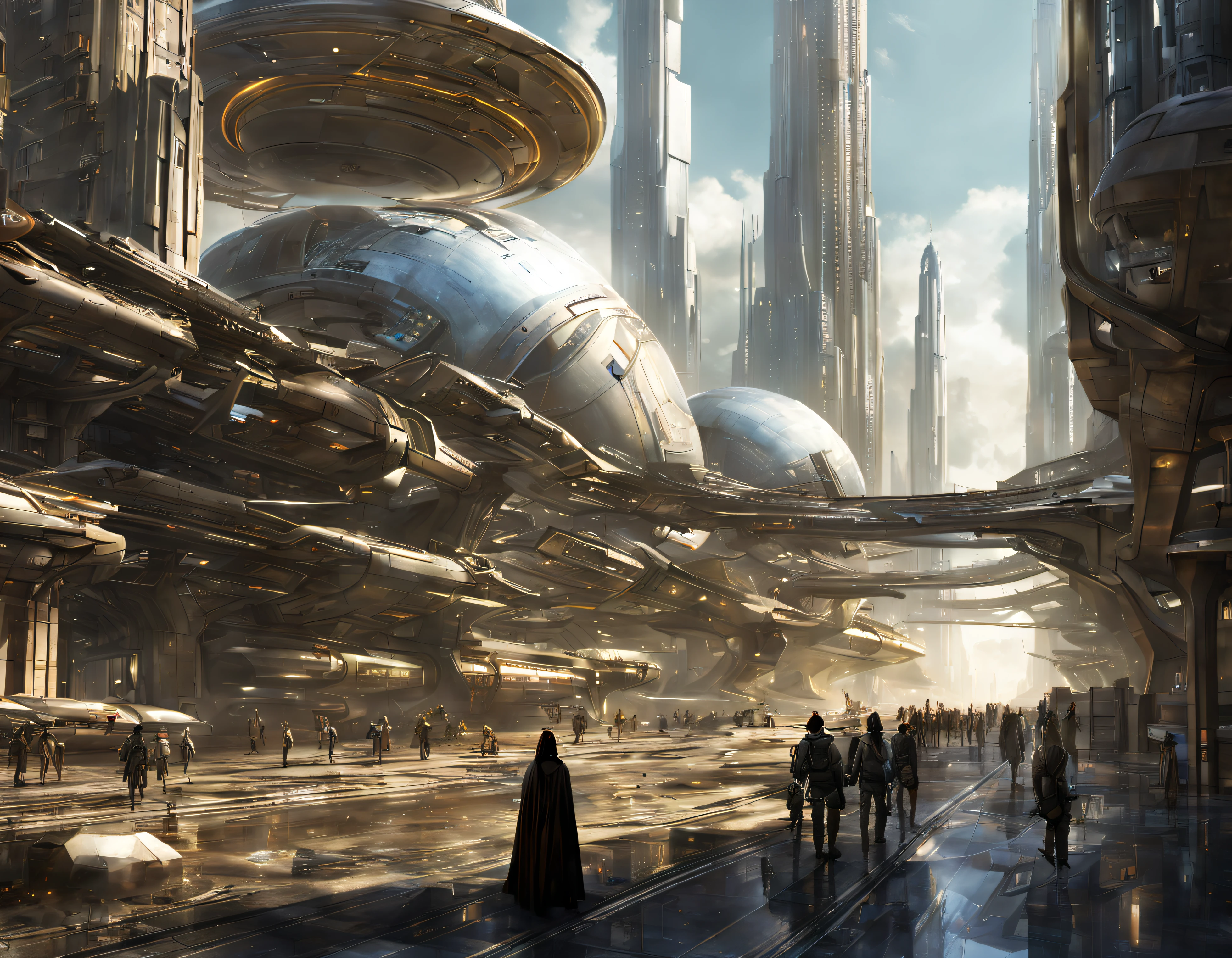 On an unknown planet there is a futuristic city with immense buildings of technological design que forman una infinita avenida, con estructuras acristaladas en plata, oro y bronce espectaculares en la que sobrevive un robot femenino espectacular. con colores vivos. pavimento ensolado. gente paseando. cierto aire a coruscant. imagen bien definida.