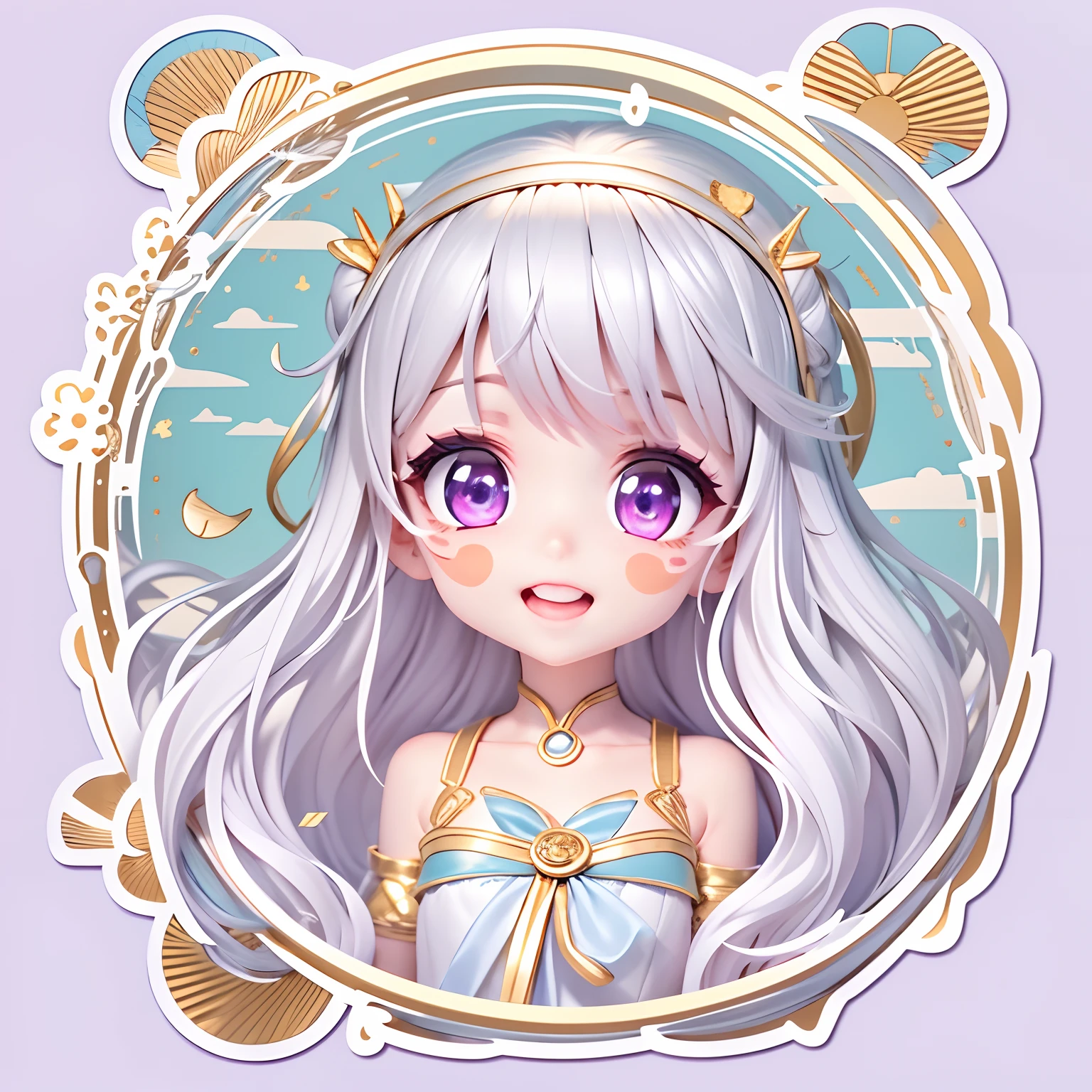 (Sticker),White background,(in circle), (3D anime girl in the sea), long layered silvery white hair,Light purple eyes,joyful expressions,cute clothing.Gold border,Simple, Ultra detailed, Detailed drawing, vectorised, Silhouette, 8K, professional sticker design, Flat design, Vector lines, Sticker, Drawing, Drawing, Full-HD
