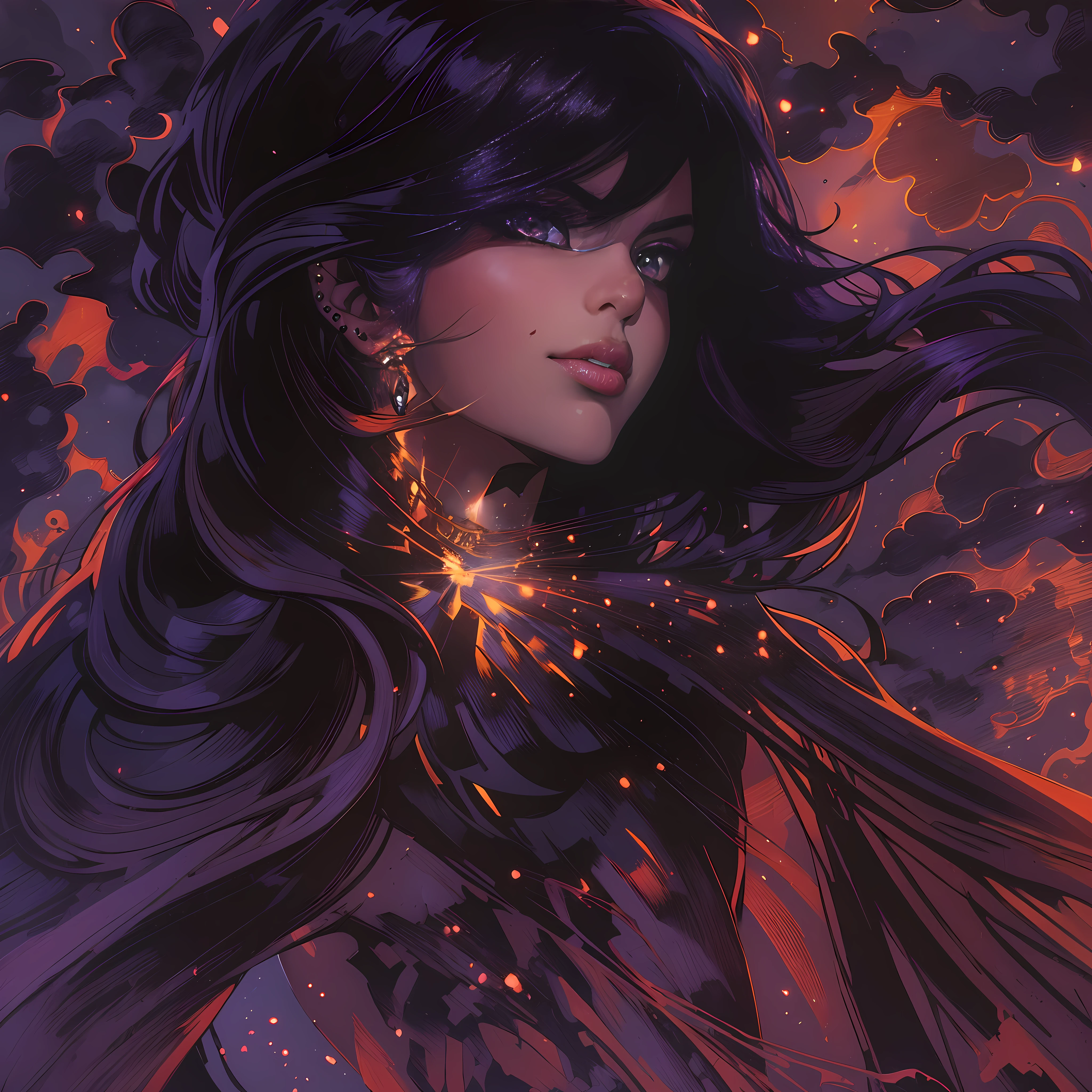 (1980s anime), [( allure, captivating presence:1.3) ::6], (close-up:1.2), (masterwork:1.5), BREAK (sultry face:1.4), (1female, enchanting being:1.4), midnight black skin, piercing crimson eyes, flowing obsidian hair, alluring gaze, [flowing gown: dark wings:0.40], BREAK mystical realm, smoldering atmosphere, deep, passionate hues, bewitching glow, mysterious, entrancing