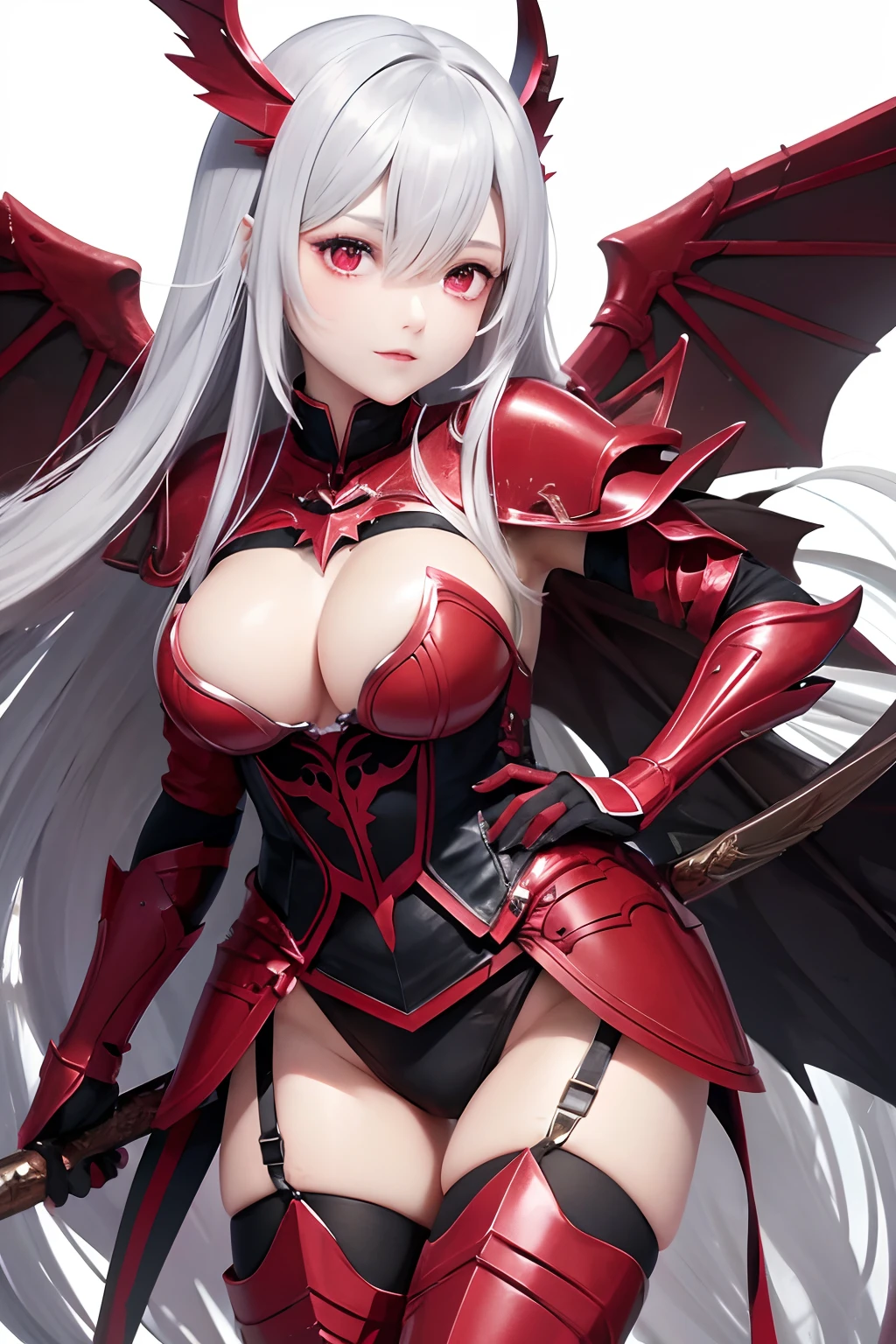 Evil anime Valkyrie with spear and wings in a blood-red Valkyrie armor and helmet, die in der Luft fliegt, bats, Blutrote Augen, Blutmond im Hintergrund, Mika Kurai Demon, shalltear Bloodfallen, fuchsia skin beneath the armor, Offizielle Charaktergrafik, Valkyries Knight Girl, Giesha Demon, fuchsia skin beneath the armor, demon anime girl, Sukkubus