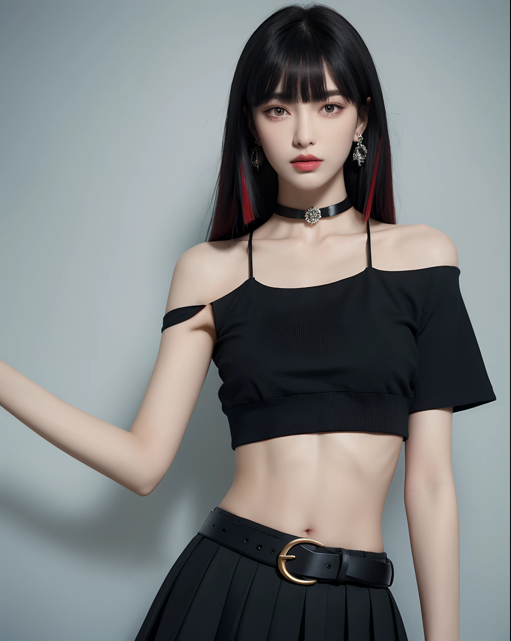 (masterpiece, best quality, 1girl, solo, intricate details, chromatic aberration), (realistic),(skin), ((breath)),(black hair,blunt bangs),detailed hair, red head ornament, blue highlights, hair over one eye,black eyes, small earrings, sharp eyes, choker,((black crop top )),(black skirt),(belt),open waist,(symmetry eyes),(perfect symmetrical body), night,(((natural light))),backlighting,against grey  wall, dim lighting ,look at viewer,((centered shot, from front,(face and waist)))