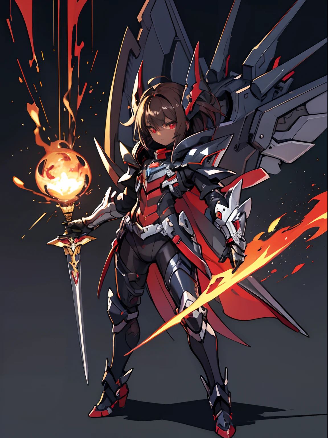 Masterpiece High res, cute (1 shota) dark skin , with red eyes, long dark brown hair, wearing a black full body magical black armoured powersuit , long black leggings, black and red gaunlets, black jacket, xenoblade chronicles 3, douluo dalu mecha, fire phoniex divine armour, wielding a magic phoniex divine sword, magic rune Circle's,