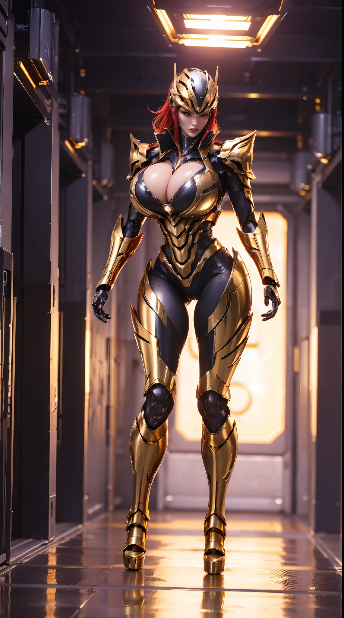 1GIRL, SOLO, red hair, (PHOENIX MECHA HELMET:1.2), (BIG BUTTOCKS, HUGE BOOBS:1.5), (PHOENIX MECHA GUARD ARM, GLOVES), (black, gold, MECHA CYBER SHINY ARMORED SUIT, CLEAVAGE, MECHA SKINTIGHT PANTS, GUARD ARMOR LEGS, HIGH HEELS:1.5), (MUSCULAR BODY, SEXY LONG LEGS, FULL BODY:1.5), (MUSCLE ABS:1.2), (LOOKING AT VIEWER:1), (WALKING DOWN HALLWAY OF FUTURISTIC SPACE STATION:1.3), PHYSICALLY-BASED RENDERING, ULTRA HIGHT DEFINITION, 16K, 1080P.