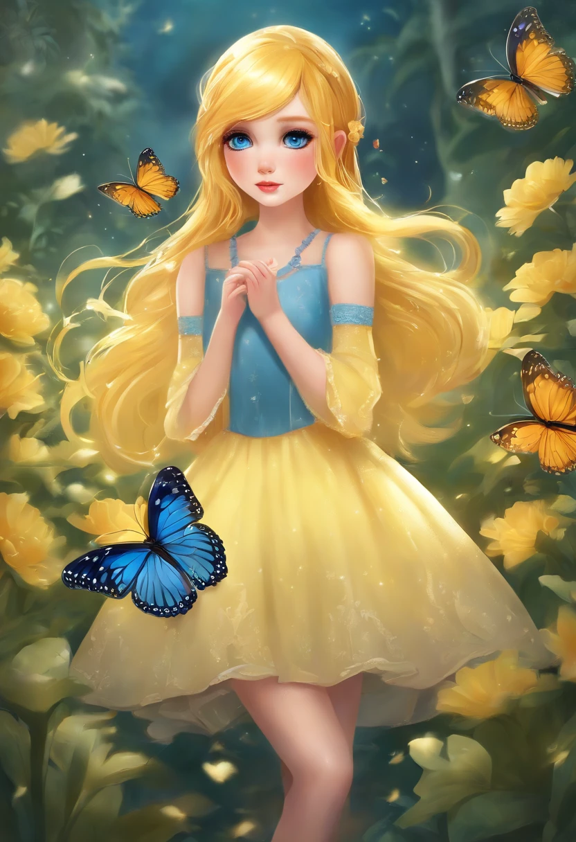 yellow hair , blue glowing eyes, blue dress cute girl touching butterfly, juisy art