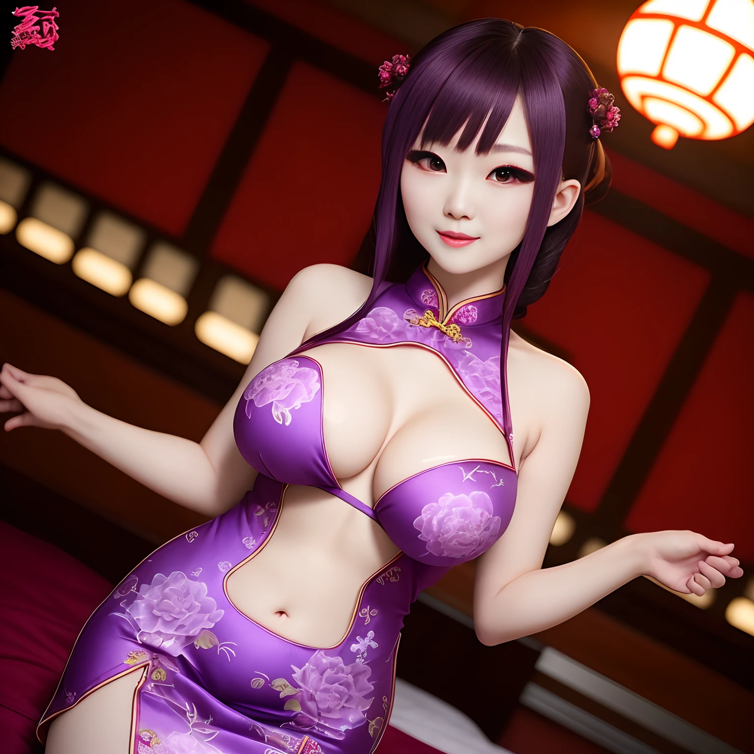 Beautuful Women,Red-purple cheongsam,woman,choppy,anime big breast,Body proportions,full bodyesbian,Lilac eyes,A belly button