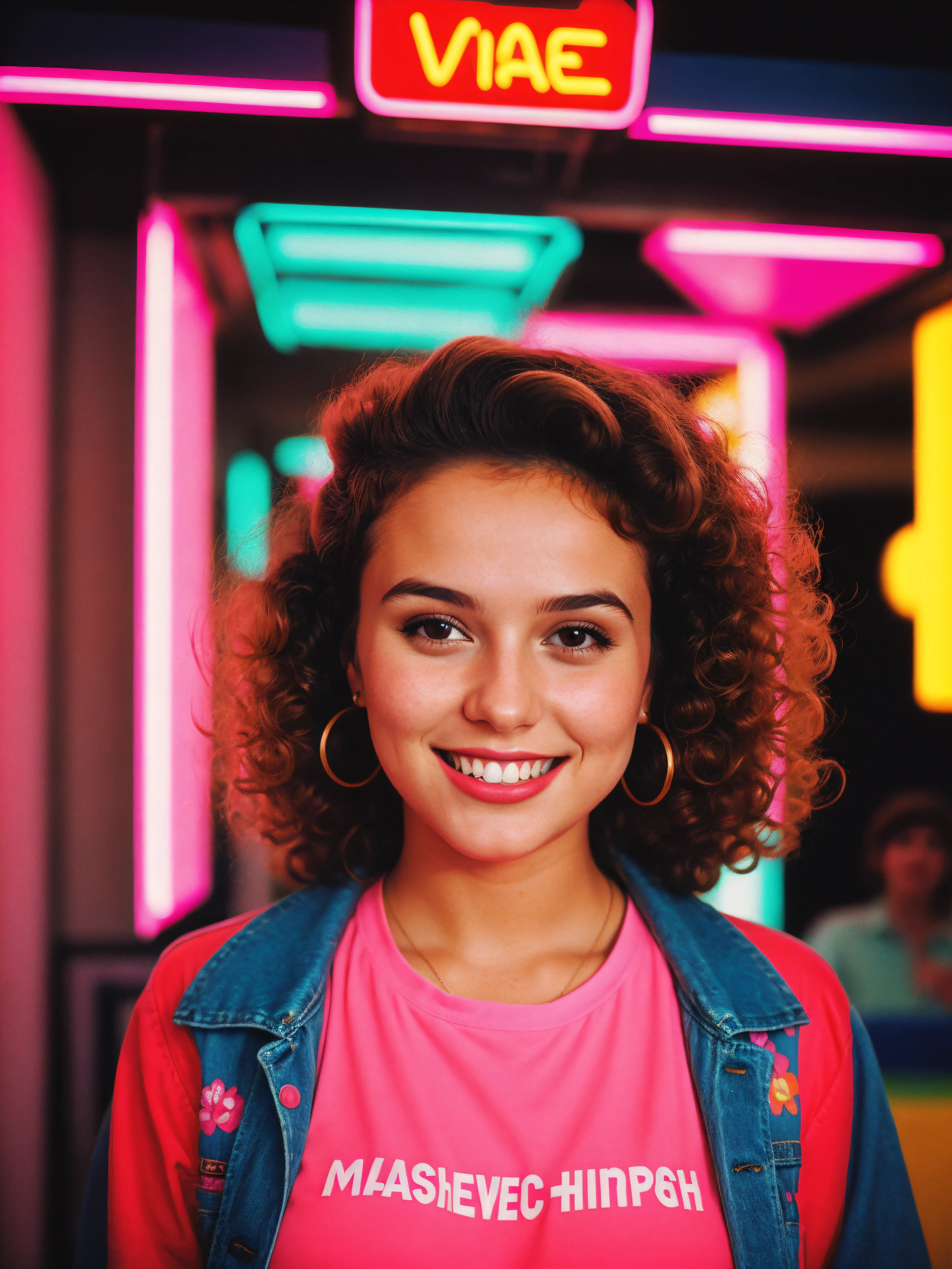 young woman, portrait headshot, smile, (wearing fashionable 1980s clothing), sfw, color photo, neon lights , backlit, standing inside a busy 80s shoppingmall, foreshortening, (curly hair, 1980s style), masterpiece