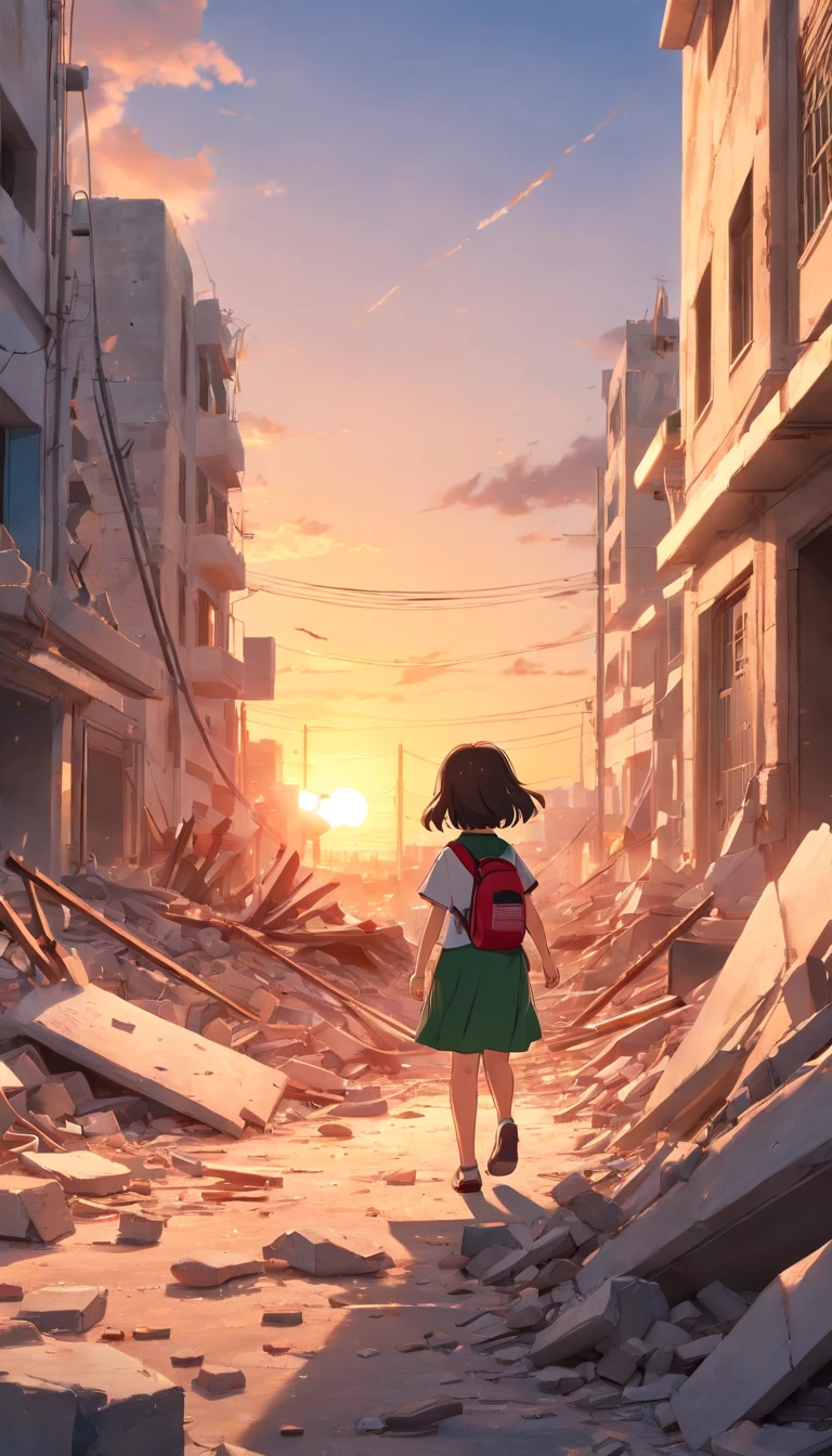 palestine flag, sunset, Palestine earthquake, one little girl from behind waving Palestine flag looking at rubble and destruction, somber, hope, (masterpiece:1.1) (best quality) (detailed) (intricate) (8k) (HDR) (cinematic lighting) (sharp focus:1.1), Palestine flag