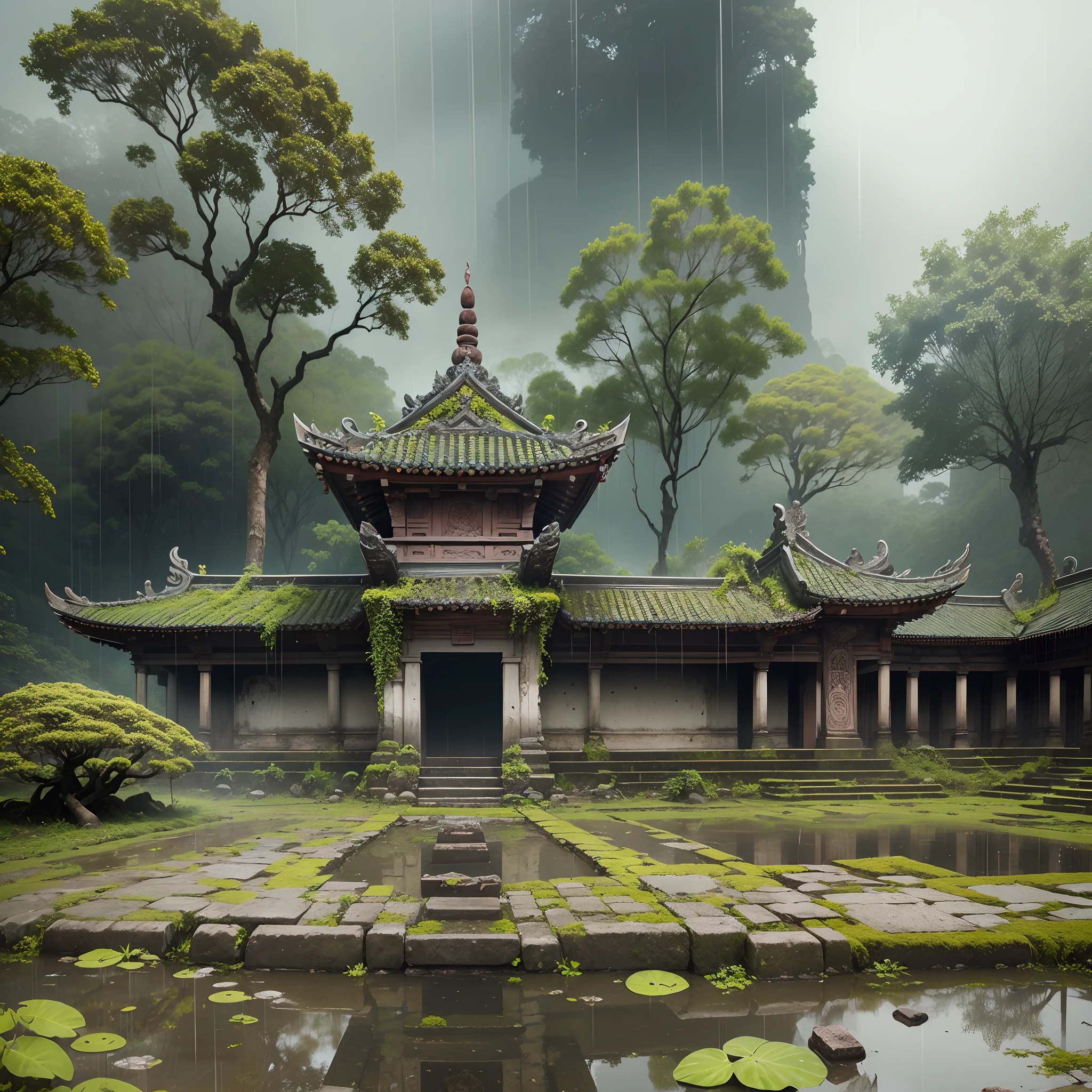 an ancient Buddhist City ruined in a rain forest, moss on stone barriers, vines went around the statues, broken entrance, fallen leaves on the ground, reflection on the ponded water on the ground, rainy dark clouded sky --auto --s2