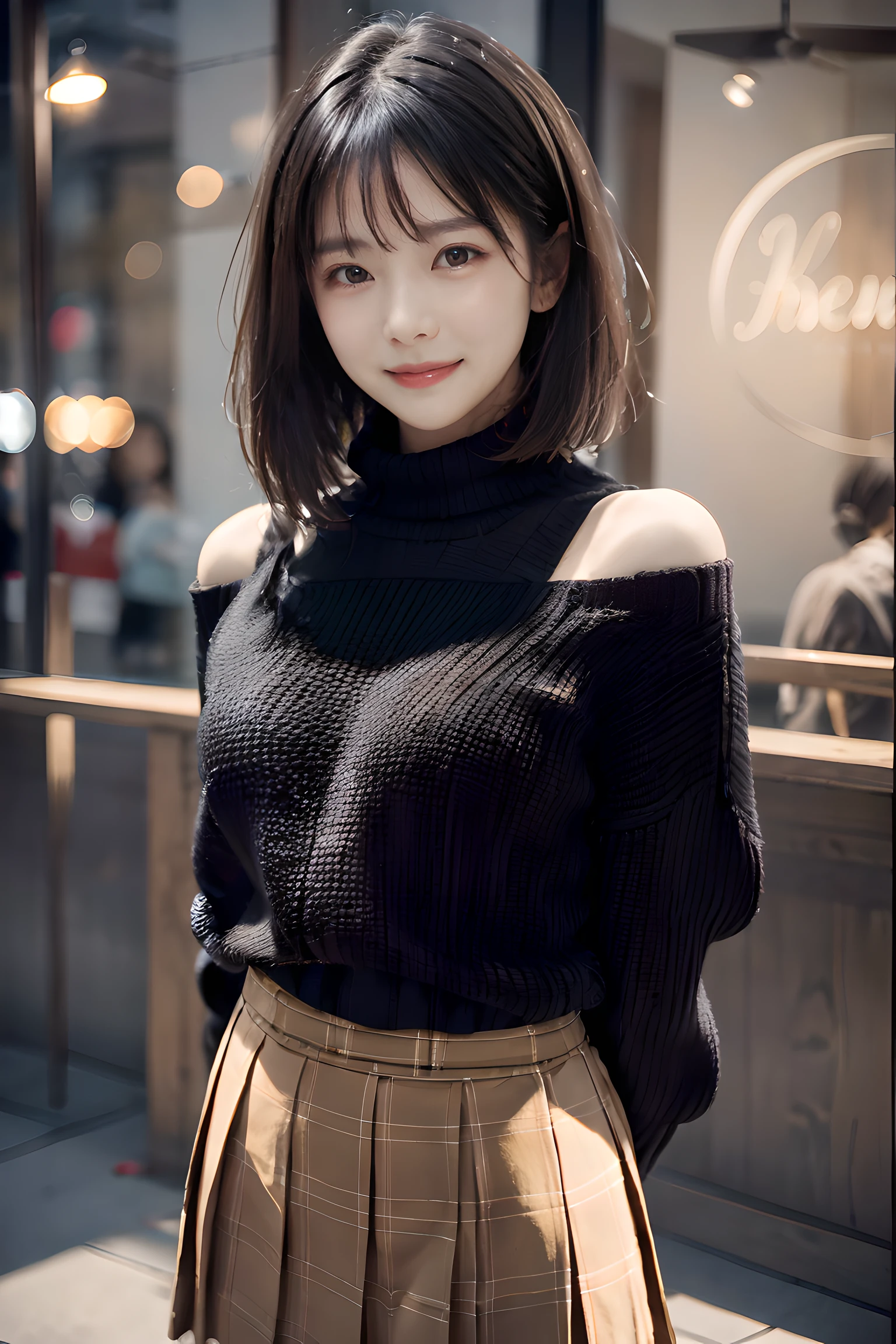 , long windblown [blue-black:.3] hair,looking at viewer, (masterpiece:1.3), (8k, photorealistic, RAW photo, best quality: 1.4), japanese, (1girl), beautiful face, (realistic face), (black hair, short hair:1.3), beautiful hairstyle, realistic eyes, beautiful detailed eyes, (realistic skin), beautiful skin, attractive, ultra high res, ultra realistic, highly detailed, golden ratio, wearing a beige fluffy loose one-shoulder sweater, standing, open stance, model posing, plaid skirt, ultra-detailed, sharp focus, hyper sharp image,