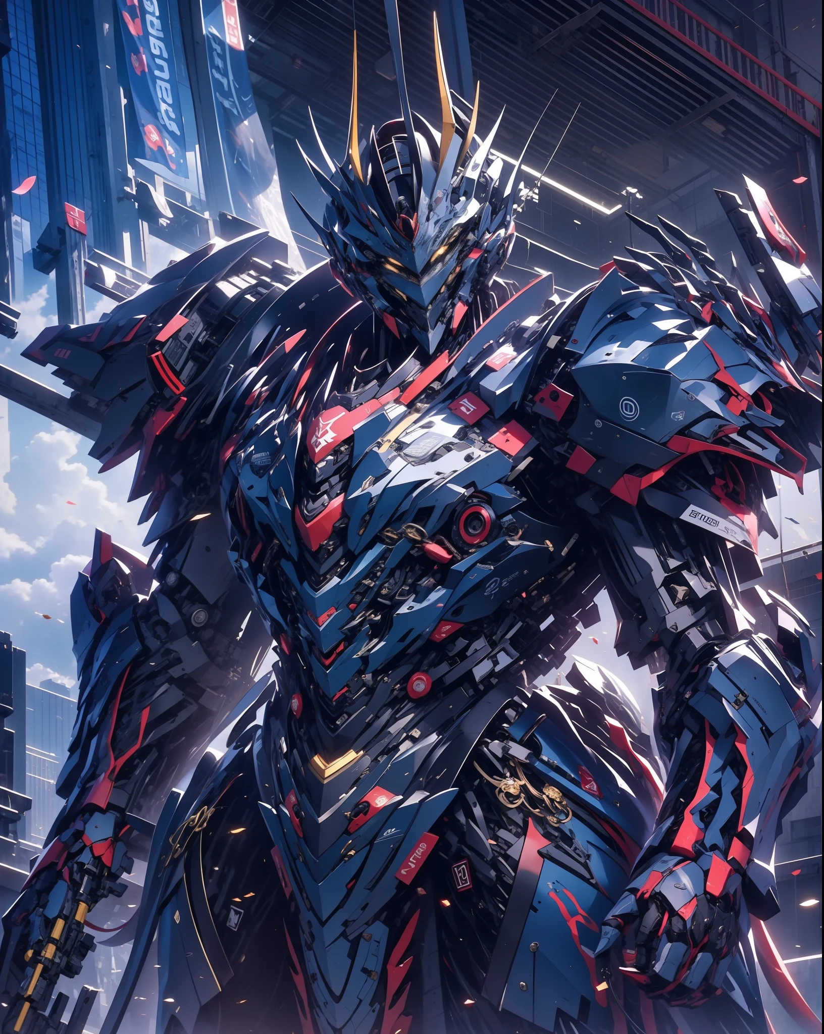 super wide shot, Full body frontal photo,Mecha male warrior，The heroic demeanor of the Three Kingdoms,《Mech color: violet and dark series》，（《Romance of the Three Kingdoms》，《Lü Bu》，Holding Fang Tian's halberd in his hand，），（Full body mecha）, Keqing from Genshin Impact, (Masterpiece) ， The best quality， High quality，obsidian armor，电影灯光， （Exquisite future）， Beautiful and beautiful， Ultra detailed， great composition， Floating， Depth of field， （Very detailed CG，Unity 8k壁纸）， （Beautiful detail background）， dramatic lights， GOGETTA， Mecha，best qualtiy，Ultra-high 8K Ultra HD，digital SLR camera，high qulity，Film grain resolution，