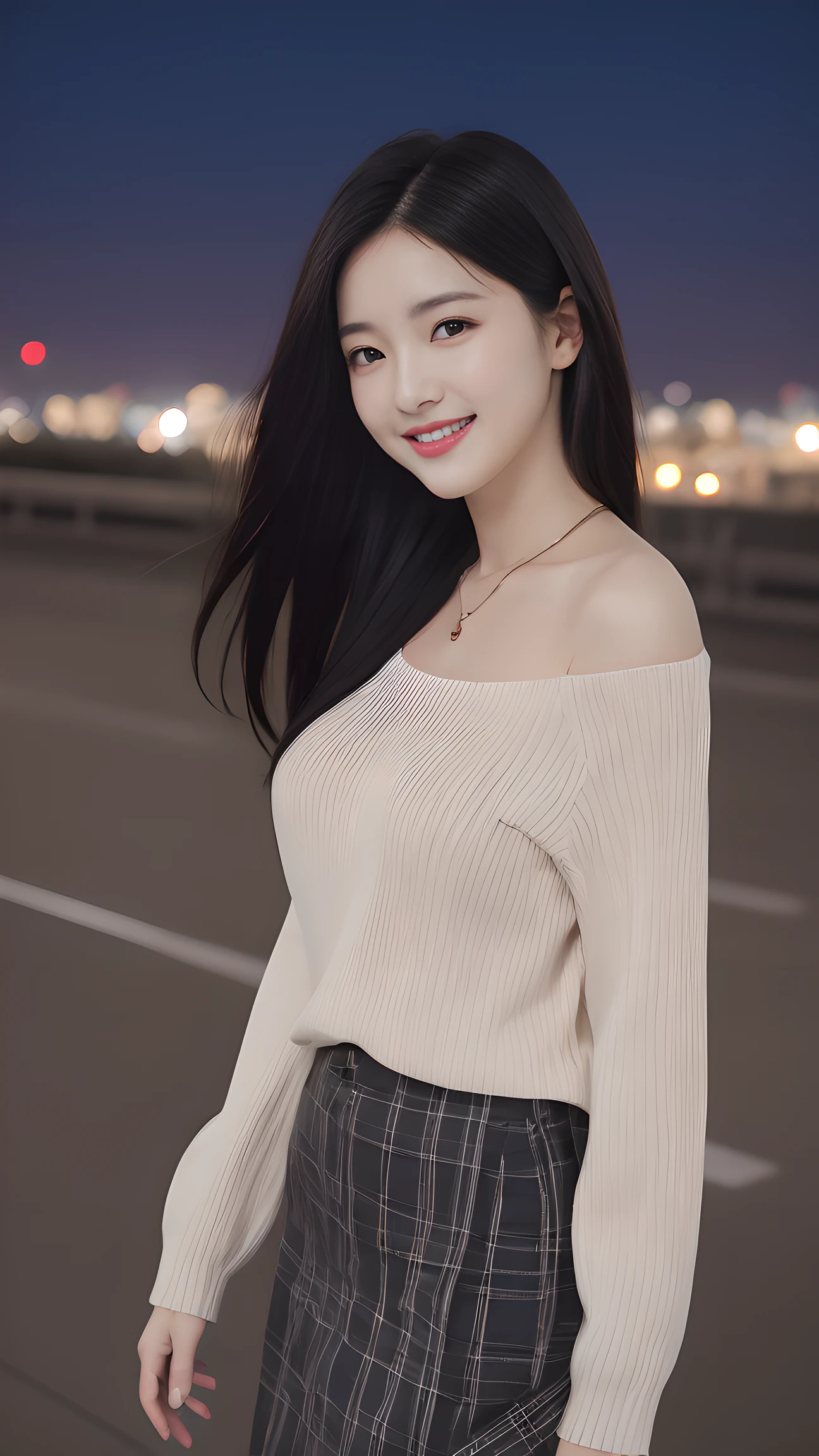 , long windblown [blue-black:.3] hair,looking at viewer, (masterpiece:1.3), (8k, photorealistic, RAW photo, best quality: 1.4), japanese, (1girl), beautiful face, (realistic face), (black hair, medium hair:1.3), beautiful hairstyle, realistic eyes, beautiful detailed eyes, (realistic skin), beautiful skin, attractive, ultra high res, ultra realistic, highly detailed, golden ratio, blue fluffy loose sweater and black plaid skirt, long sleeve one-shoulder sweater, standing, front view, open stance, model posing, upper body, sagging , happy smile, night rooftop, city view, ultra detailed, hyper sharp, sharp focus, K-pop idol, J-pop idol,