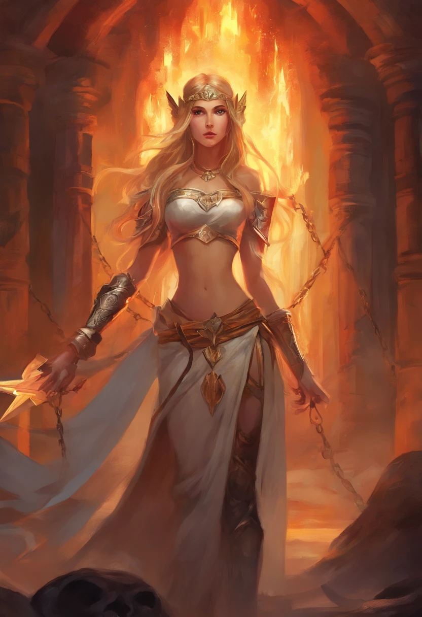 Princess Zelda bound in chains in the fire temple.  1girl, Princess Zelda, the legend of Zelda, bondage, restrained, very long blonde hair, frightened eyes, hands bound in chains, shackles, manacles, dungeon, torches, lava