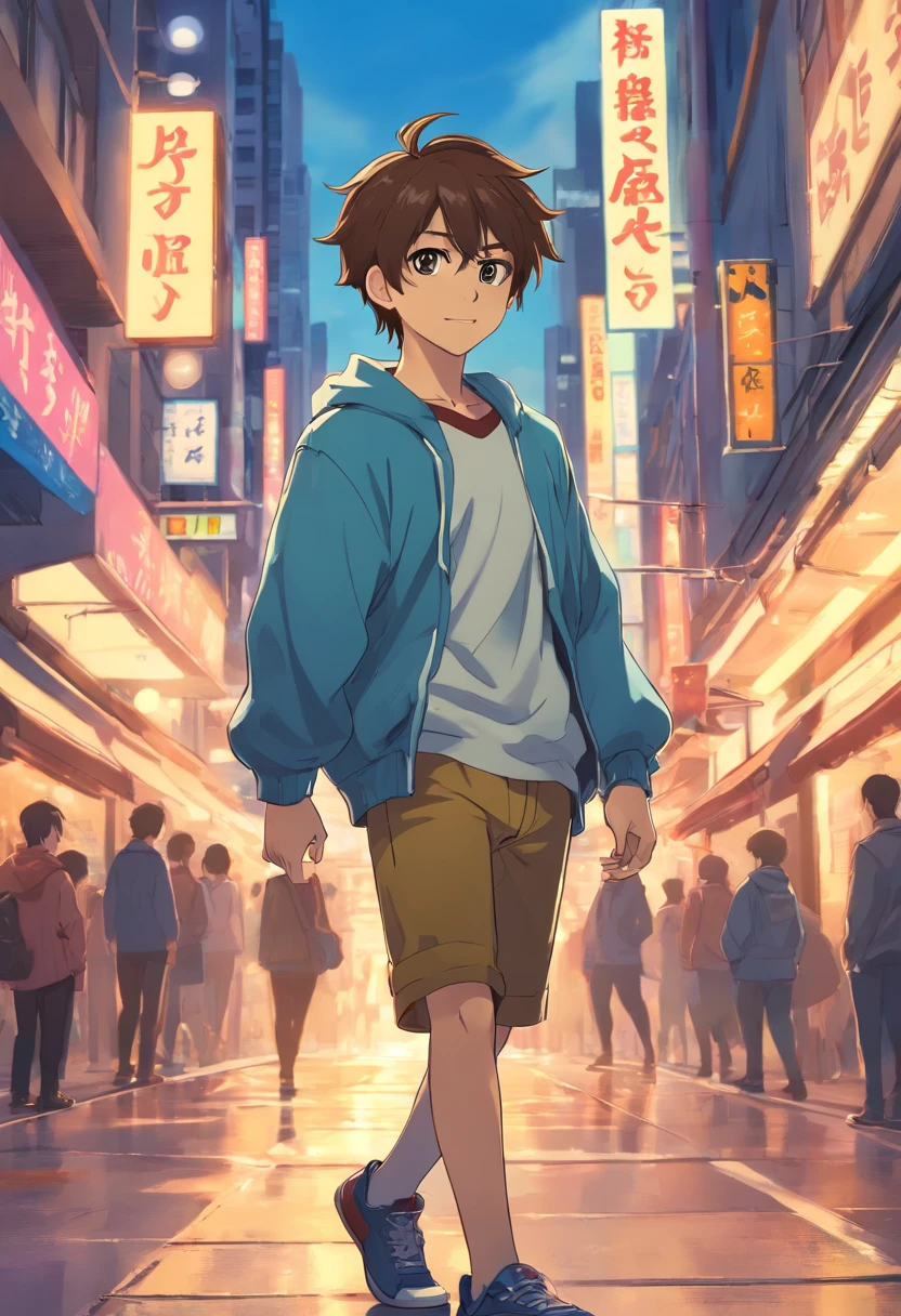 Scott Mcall from wolf, transformed into an anime style, with exaggerated unique facial features and clothing, standing on a bustling city street, backlit background highlighting the subject, high-contrast colors, 4K high-definition quality,young, smiling, handsome