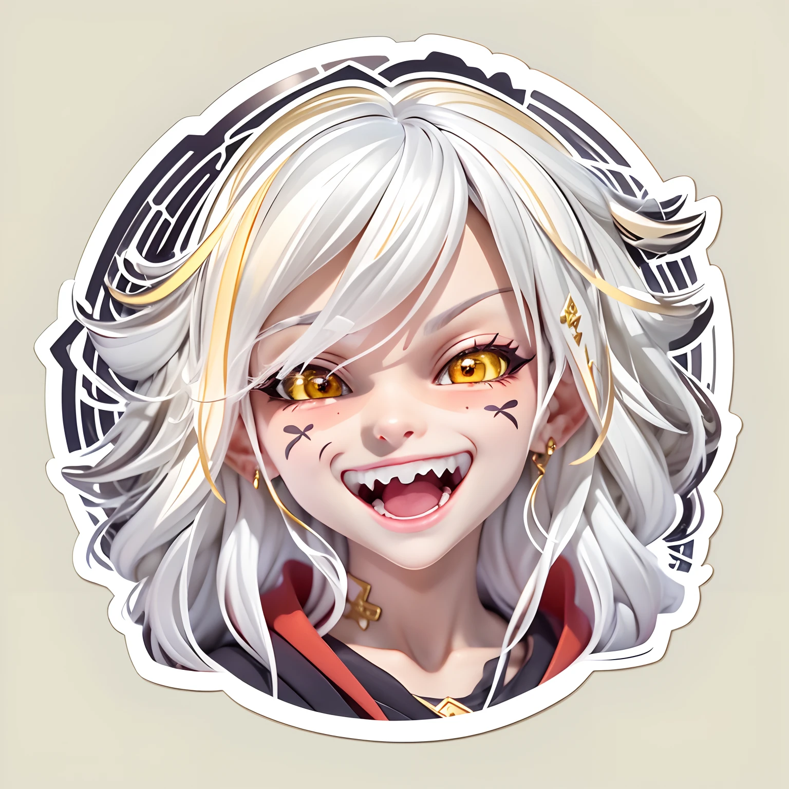 (Sticker),Yellow background,(in circle), (3D anime vampires), long layered silvery white hair,Red eyes,Teeth are exposed,joyful expressions,(cute clothing).Gold border,Simple, Ultra detailed, Detailed drawing, vectorised, Silhouette, 8K, professional sticker design, Flat design, Vector lines, Sticker, Drawing, Drawing, Full-HD