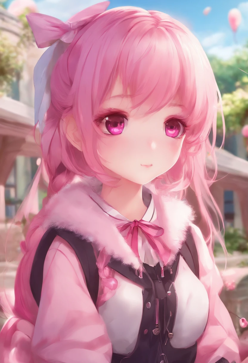 anime style, girl, pink hair , two fluffy poneytails, pink eyes, lollypop , cute clothers pink