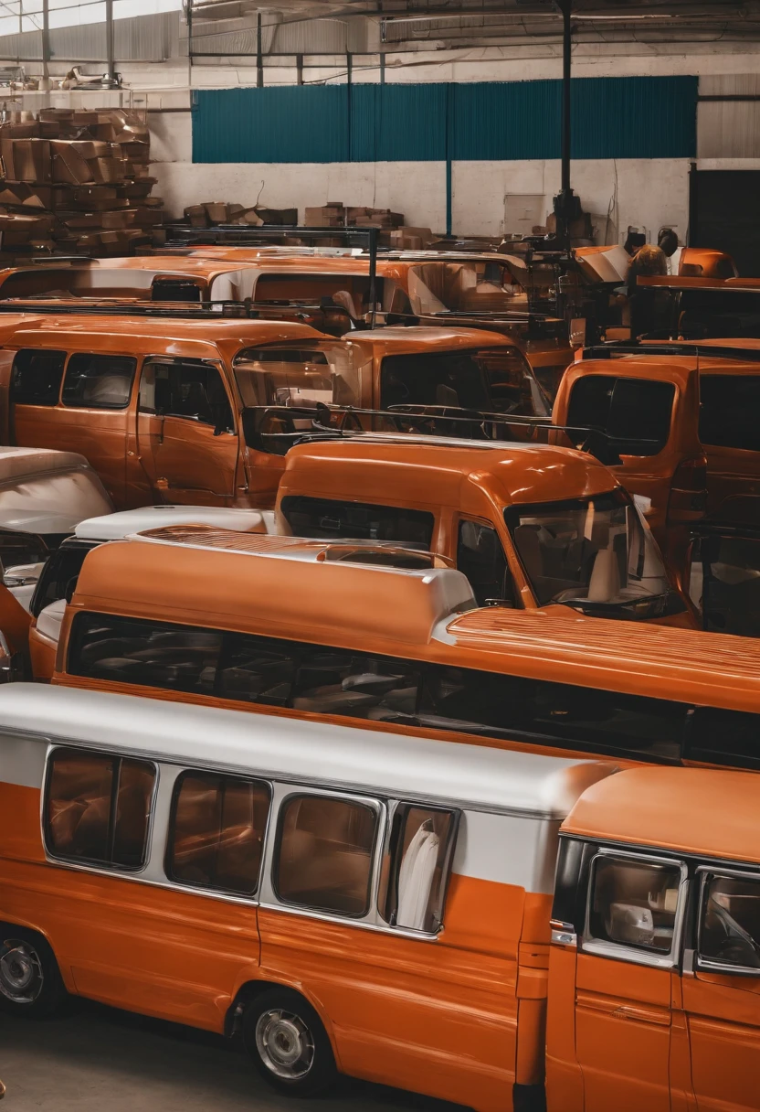 Many vans and workers deliver goods in the factory，Plant，orange tint，logistics，carriage