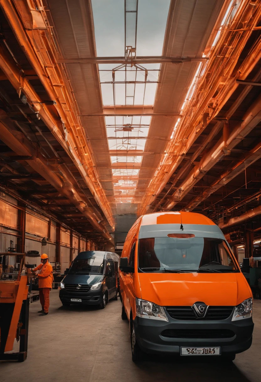 Many vans and workers deliver goods in the factory,Plant,orange tint,logistics,carriage