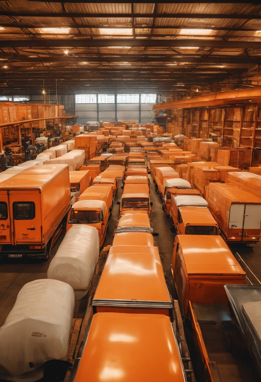 Many vans and workers deliver goods in the factory，Plant，orange tint，logistics，carriage