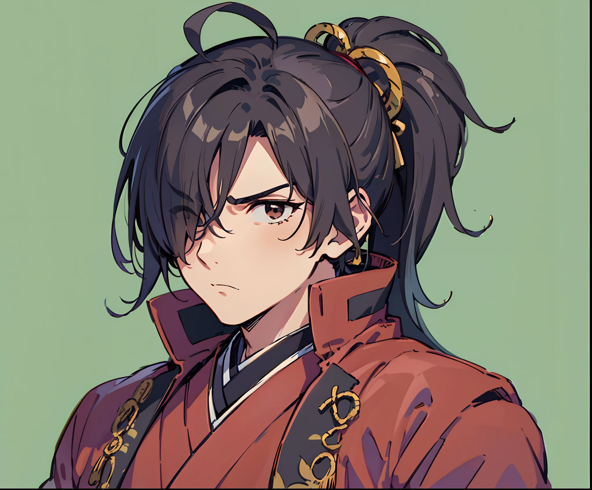 ((male)), serious face, black hair, samurai, japanese clothes, kimono, wide sleeves, masculine, hair over one eye, brush strokes, retro anime, brown eyes