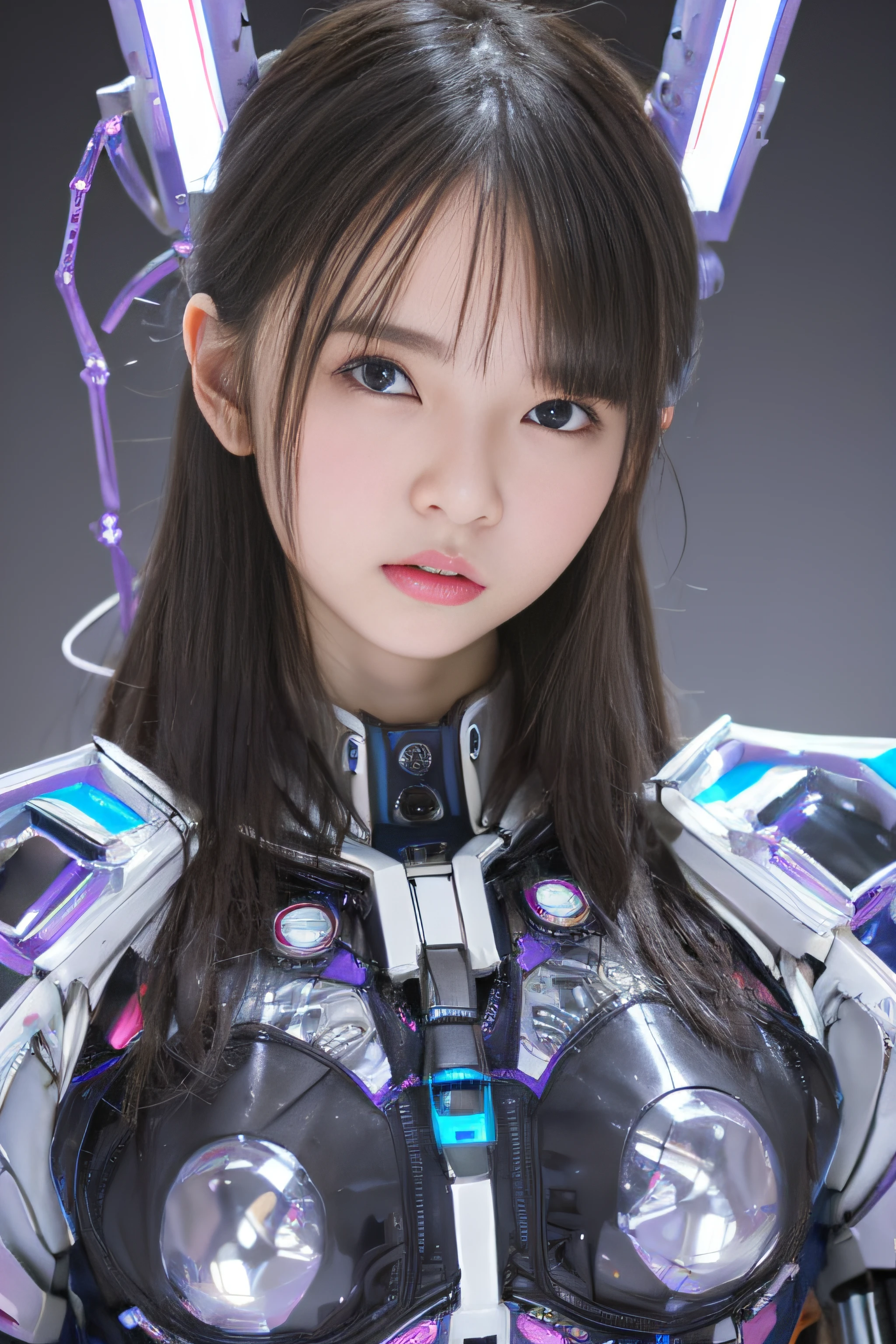 highest quality, masterpiece, ultra high resolution, (realistic: 1.4), Raw photo, 1 girl, black hair, Glossy skin, 1 Mechanical Girl, (Super realistic details)), portrait, global illumination, Shadow, octane rendering, 8K, super sharp, big, Cleavage exposed raw skin, Metal, intricate decorative details, egypt details, very intricate details, realistic light, CG Society Trend, purple eyes, shining eyes, towards the camera, neon details, mechanical limbs, blood vessels connected to tubes, mechanical vertebrae attached to the back, Mechanical cervical attachment to the neck, sitting, Wires and cables connecting to the head, Evangelion, small led lamp,