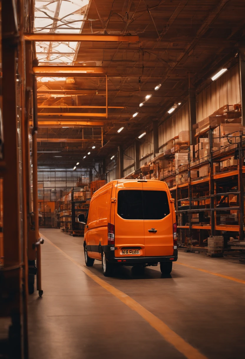 Many vans and workers deliver goods in the factory,Plant,orange tint,logistics,Production streamline
