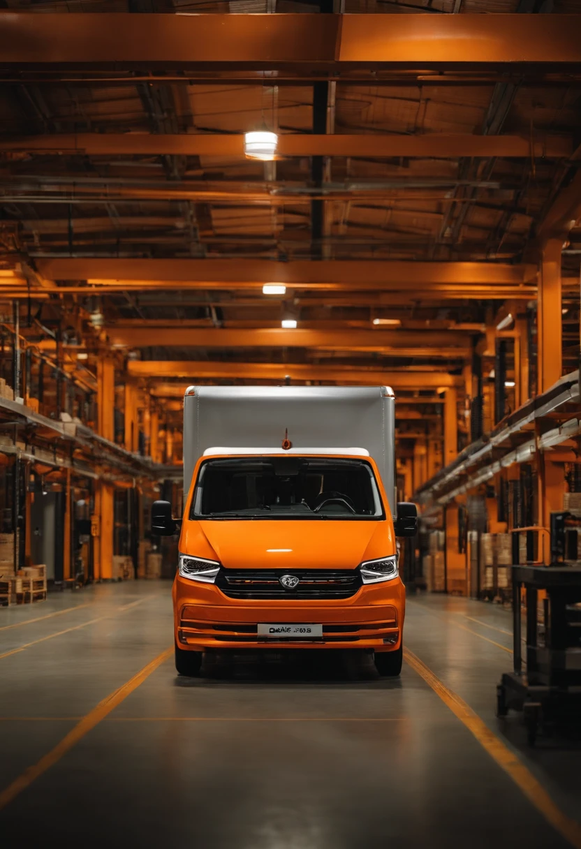 Many vans and workers deliver goods in the factory，Plant，orange tint，logistics，Production streamline