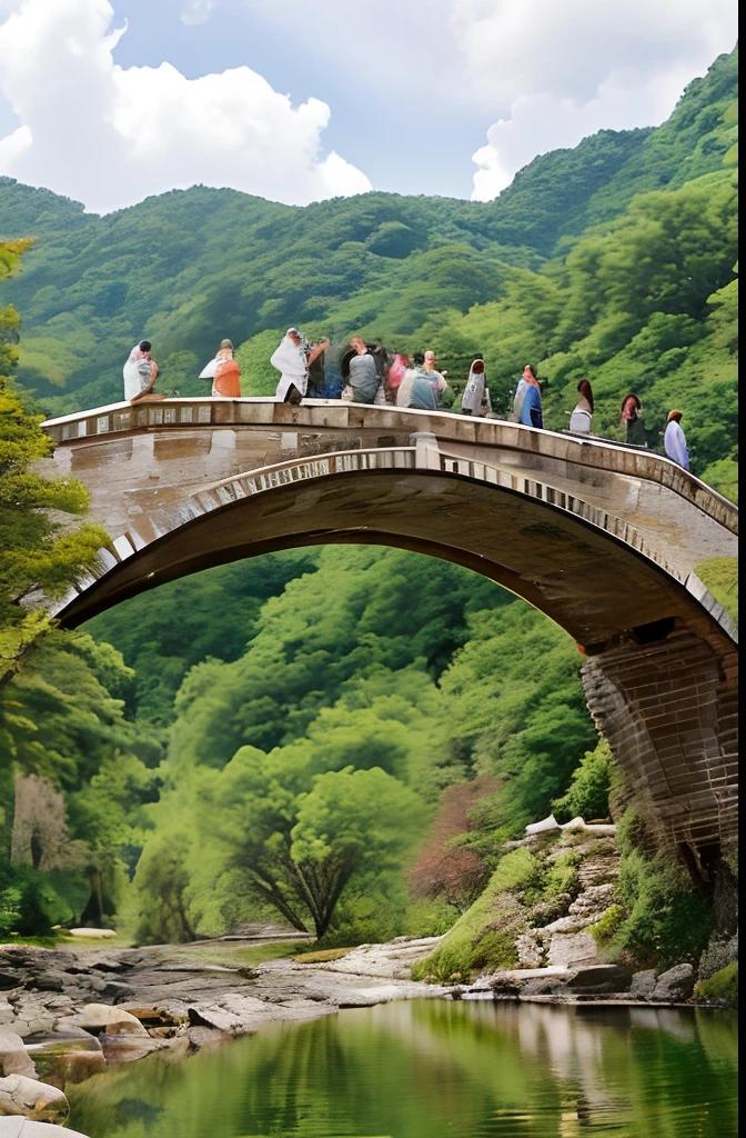 People stand on bridges over the river，The background is a mountain, Stone bridge, old bridge, tourist photo, old stone bridge over the creek, Curved bridge