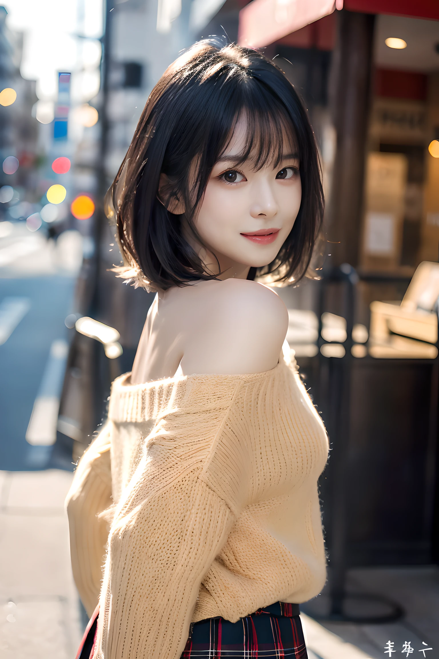 , long windblown [blue-black:.3] hair,looking at viewer, (masterpiece:1.3), (8k, photorealistic, RAW photo, best quality: 1.4), japanese, (1girl), beautiful face, (realistic face), (black hair, short hair:1.3), beautiful hairstyle, realistic eyes, beautiful detailed eyes, (realistic skin), beautiful skin, attractive, ultra high res, ultra realistic, highly detailed, golden ratio, wearing a beige fluffy loose one-shoulder sweater, standing, open stance, model posing, plaid skirt, ultra-detailed, sharp focus, hyper sharp image,