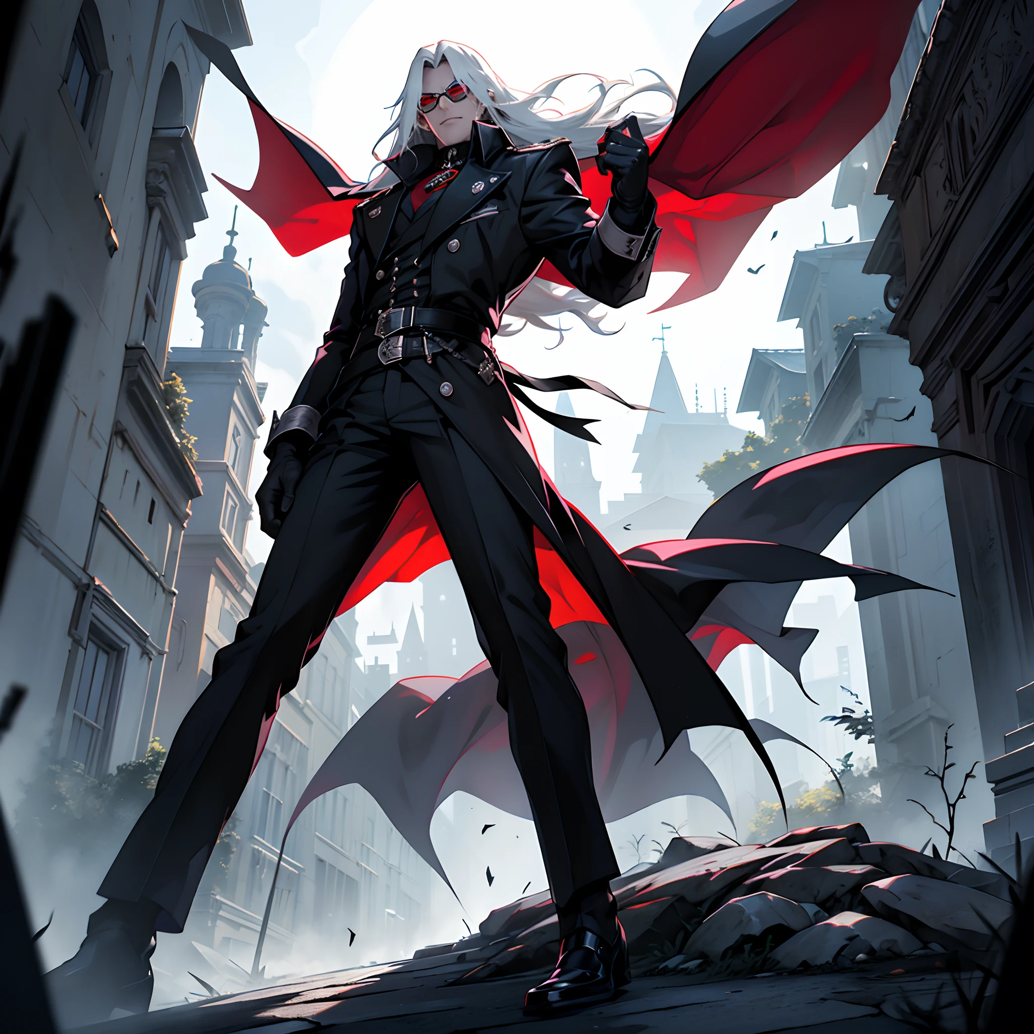 Alucard, The Charismatic Vampire from the Anime Series "Hellsing", He is an iconic figure with an impressive and ominous presence,His face has a pale complexion, Almost cadaverous, que contrasta fuertemente con su cabello oscuro y desordenado,Her crimson eyes, penetrantes y llenos de maldad, resaltan en su rostro,He always has a sardonic countenance and a mocking smile that gives him an air of defiance,las gafas de Alucard son un distintivo importante tiene unas gafas de sol negras, Classic style, que lleva incluso en lugares oscuros,These glasses become a symbol of his defiant and enigmatic attitude,su vestimenta es igualmente impresionante,usa un traje elegante de estilo victoriano que consta de un abrigo largo y rojo oscuro con detalles en negro, destacando su figura imponente,Debajo del abrigo, lleva una camisa blanca y una corbata negra bien ajustada. Complementa su atuendo con guantes negros y botas altas de estilo militar,Alucard is always accompanied by his weapons, He has a pair of gloves with sharp metal tips that he uses for melee fighting, in addition to carrying two powerful semi-automatic pistols called "Casull" y "chacal". These weapons are designed to take out your enemies with efficiency and style,su entorno suele ser oscuro y siniestro, representing their vampiric nature. Alucard se desenvuelve en lugares oscuros, Gloomy and full of mystery, como castillos abandonados o la noche en una ciudad,The atmosphere that surrounds it adds to its intimidating and sinister aura, Alucard es un vampiro que emana poder y misterio, con un estilo distintivo y armas letales, y se mueve en un entorno oscuro que refleja su naturaleza sobrenatural,