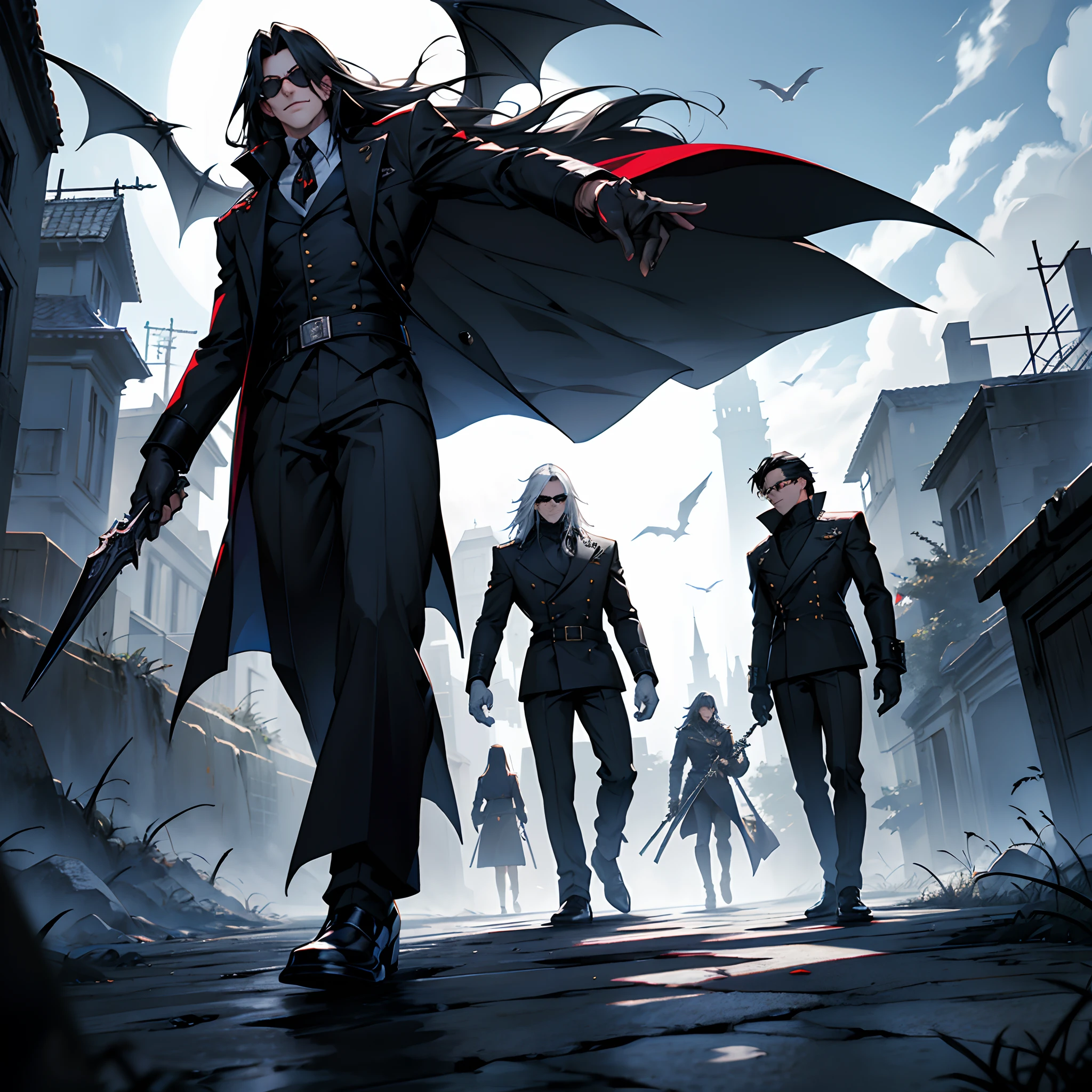 Alucard, The Charismatic Vampire from the Anime Series "Hellsing", He is an iconic figure with an impressive and ominous presence,His face has a pale complexion, Almost cadaverous, que contrasta fuertemente con su cabello oscuro y desordenado,Her crimson eyes, penetrantes y llenos de maldad, resaltan en su rostro,He always has a sardonic countenance and a mocking smile that gives him an air of defiance,las gafas de Alucard son un distintivo importante tiene unas gafas de sol negras, Classic style, que lleva incluso en lugares oscuros,These glasses become a symbol of his defiant and enigmatic attitude,su vestimenta es igualmente impresionante,usa un traje elegante de estilo victoriano que consta de un abrigo largo y rojo oscuro con detalles en negro, destacando su figura imponente,Debajo del abrigo, lleva una camisa blanca y una corbata negra bien ajustada. Complementa su atuendo con guantes negros y botas altas de estilo militar,Alucard is always accompanied by his weapons, He has a pair of gloves with sharp metal tips that he uses for melee fighting, in addition to carrying two powerful semi-automatic pistols called "Casull" y "chacal". These weapons are designed to take out your enemies with efficiency and style,su entorno suele ser oscuro y siniestro, representing their vampiric nature. Alucard se desenvuelve en lugares oscuros, Gloomy and full of mystery, como castillos abandonados o la noche en una ciudad,The atmosphere that surrounds it adds to its intimidating and sinister aura, Alucard es un vampiro que emana poder y misterio, con un estilo distintivo y armas letales, y se mueve en un entorno oscuro que refleja su naturaleza sobrenatural,