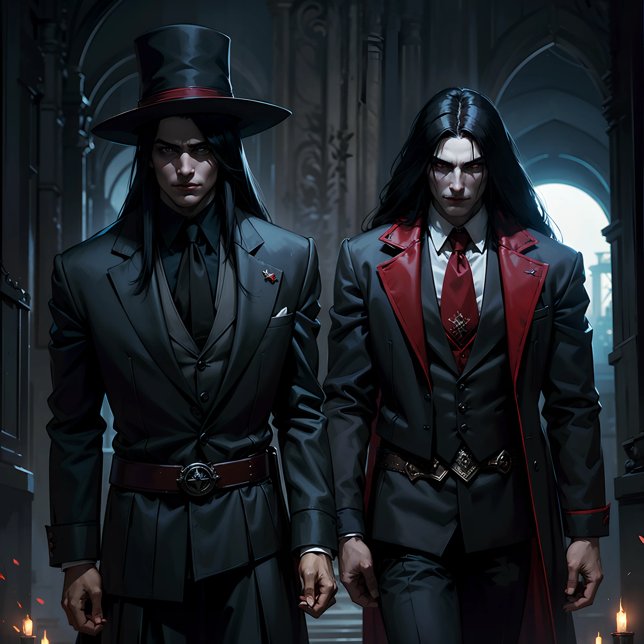 Alucard, The Charismatic Vampire from the Anime Series "Hellsing", He is an iconic figure with an impressive and ominous presence,His face has a pale complexion, Almost cadaverous, que contrasta fuertemente con su cabello oscuro y desordenado,Her crimson eyes, penetrantes y llenos de maldad, resaltan en su rostro,He always has a sardonic countenance and a mocking smile that gives him an air of defiance,las gafas de Alucard son un distintivo importante tiene unas gafas de sol negras, Classic style, que lleva incluso en lugares oscuros,These glasses become a symbol of his defiant and enigmatic attitude,su vestimenta es igualmente impresionante,usa un traje elegante de estilo victoriano que consta de un abrigo largo y rojo oscuro con detalles en negro, destacando su figura imponente,Debajo del abrigo, lleva una camisa blanca y una corbata negra bien ajustada. Complementa su atuendo con guantes negros y botas altas de estilo militar,Alucard is always accompanied by his weapons, He has a pair of gloves with sharp metal tips that he uses for melee fighting, in addition to carrying two powerful semi-automatic pistols called "Casull" y "chacal". These weapons are designed to take out your enemies with efficiency and style,su entorno suele ser oscuro y siniestro, representing their vampiric nature. Alucard se desenvuelve en lugares oscuros, Gloomy and full of mystery, como castillos abandonados o la noche en una ciudad,The atmosphere that surrounds it adds to its intimidating and sinister aura, Alucard es un vampiro que emana poder y misterio, con un estilo distintivo y armas letales, y se mueve en un entorno oscuro que refleja su naturaleza sobrenatural,
