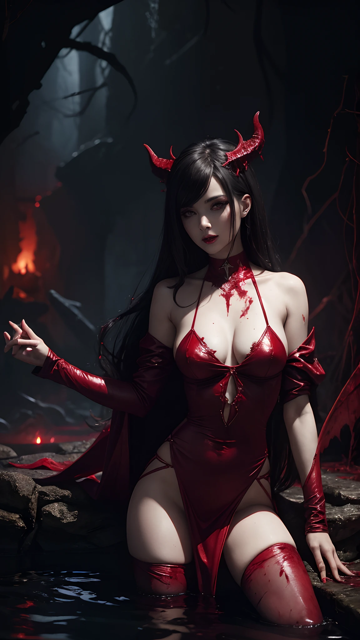 Sexy fit girl in sexy demonic dress priest cloth in blood pond, pond full of blood in it, located in hell, Background Lucifer symbols in shining in red, pond full of blood and near by monsters looking,