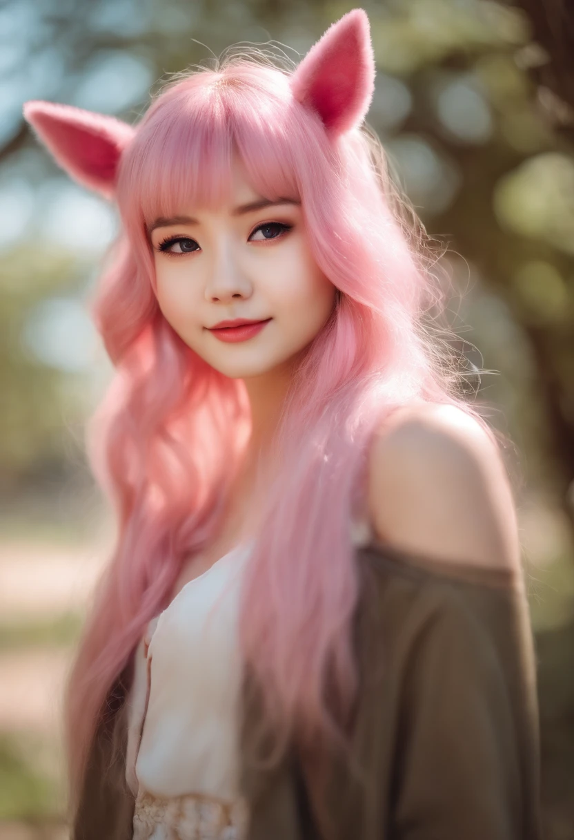 cute girl, pink hair, hair bobbles, wings, long hair, solid circle eyes, fake animal ears, light smile, ear blush, fang, best quality jusy style real life, Surrealism, drop shadow, anaglyph, stereogram, tachi-e, pov, atmospheric perspective, 8k, super detail, ccurate