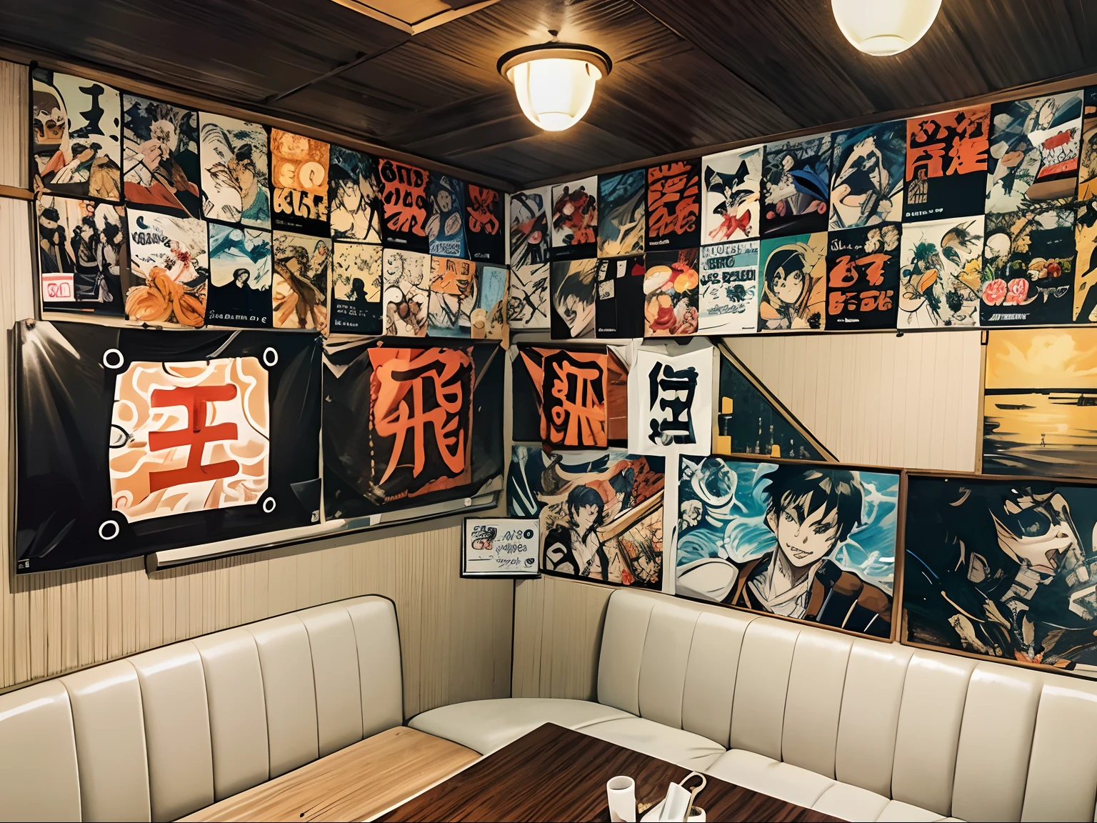 There are many posters on the walls of the restaurant, japanese akihabara cafe, There were posters on the walls, posters on the wall, Baki style, Shonen Manga Panel, tokyo izakaya scene, posters on the wall, 64x64, high quality photograph, Displayed on the wall, berserk style, shonen style